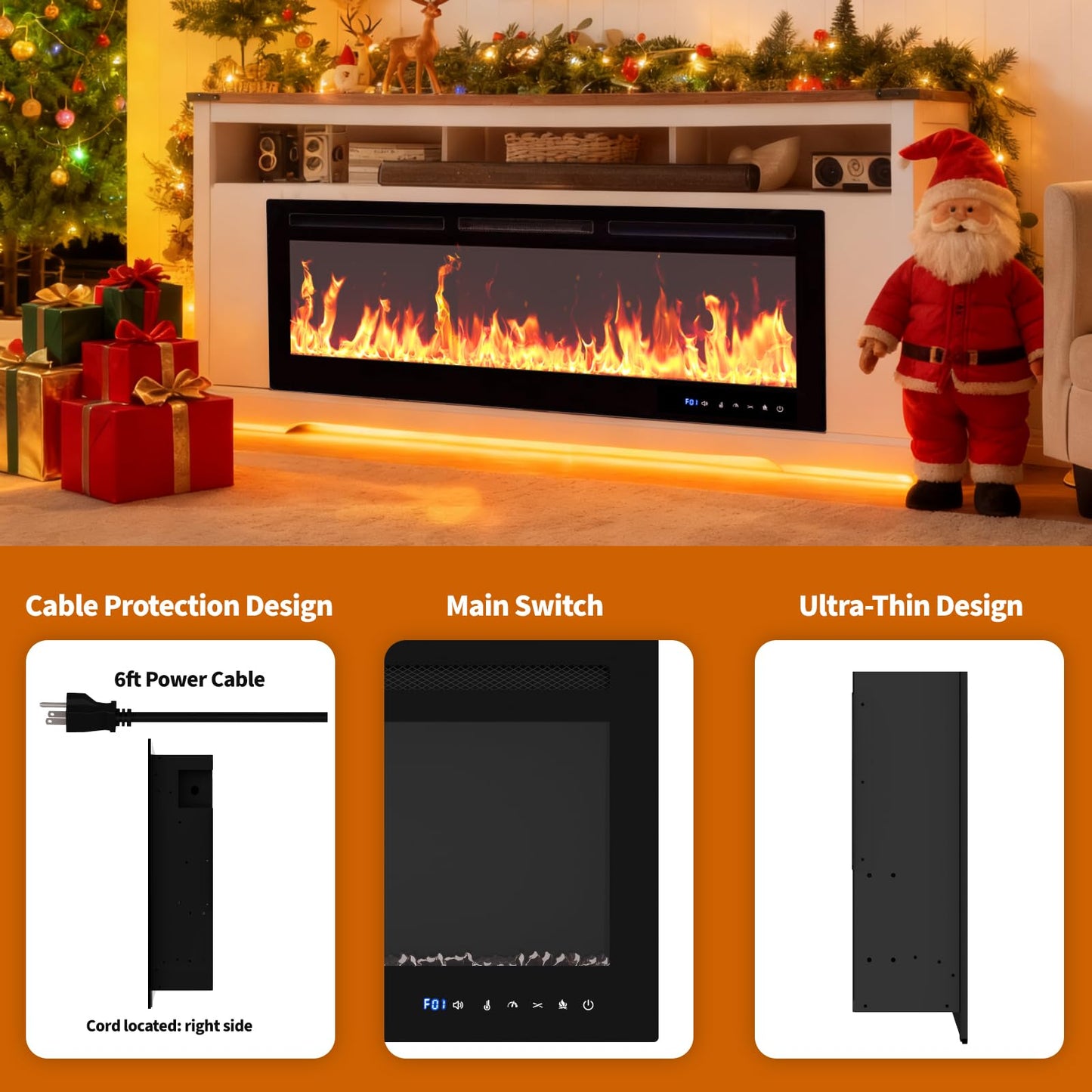 50" Smart Electric Fireplace Wall Mount, 1500w Heater with Remote Control & Timer, 12 Color LED Flame Effect, Touch Screen, for Living Room Bedroom Indoor Use