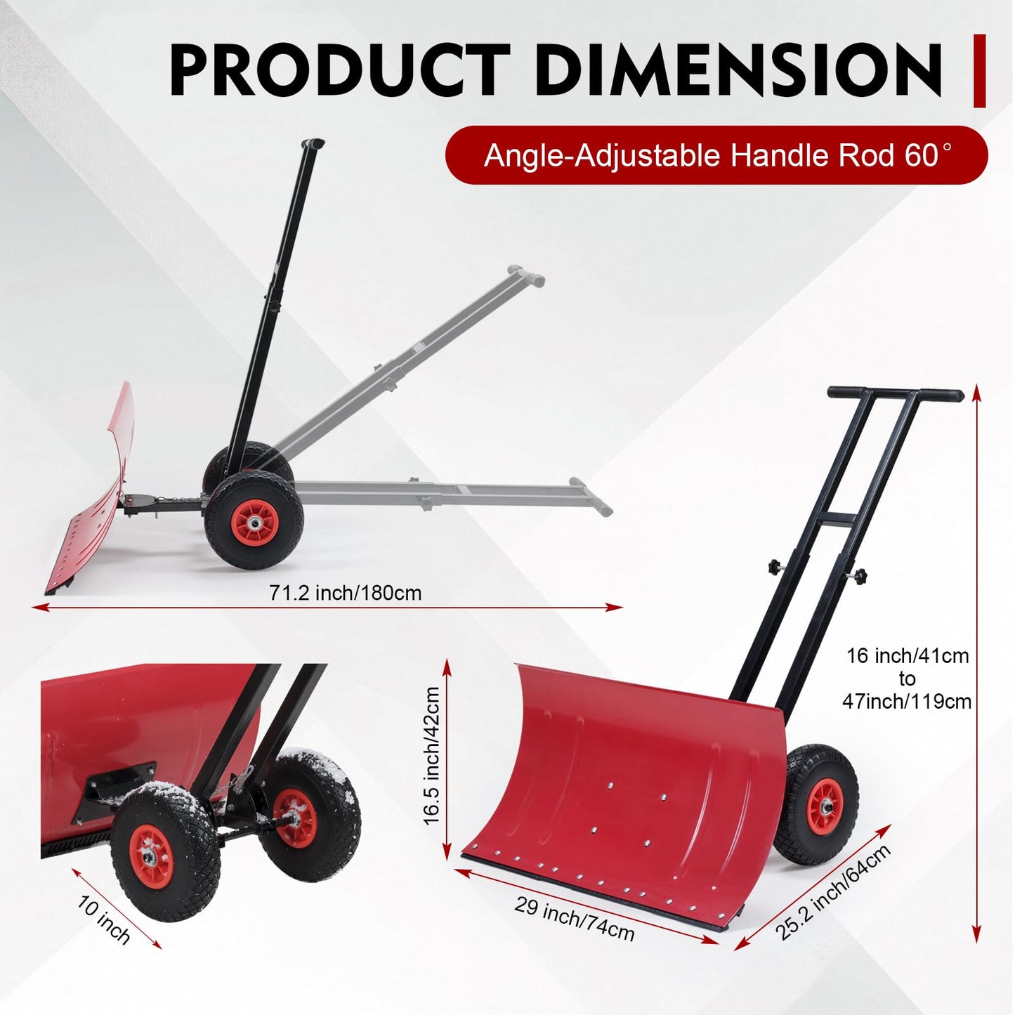 ONECHOI Snow Shovel with Wheels, 29X16.5inch Angled Steel Blade，Heavy-Duty Snow Shovel Pusher and Plow with Height Adjustable Handle for Driveway and Efficient Snow Removal (29 Inch X16.5 Inch)