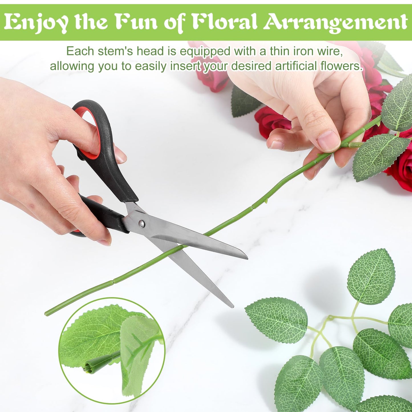 Tolare 120 Pcs Rose Stems with Leaves, Fake Flower Stems Artificial Plastic Floral Wire DIY Craft Supplies for Bouquet Making Wedding Party Home Decor Arrangement Tools