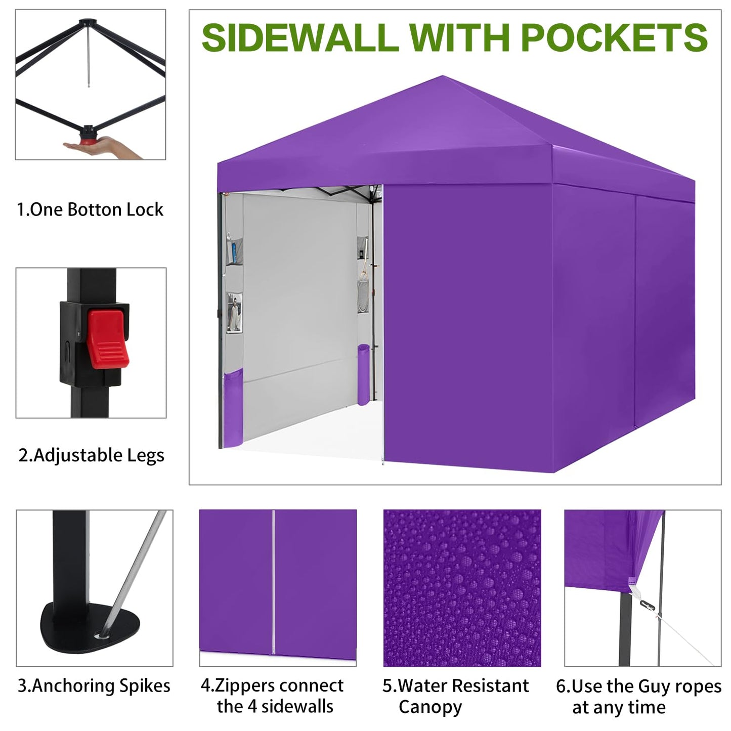 Tunbne 10X10 Comercial Pop Up Canopy Tent with 4 Sidewalls and 6 Pockets, One Push Setup Center Lock, for Beach Patio Outdoor, Case, 8 Stakes, 4 Ropes, 4 Sandbags (Purple)