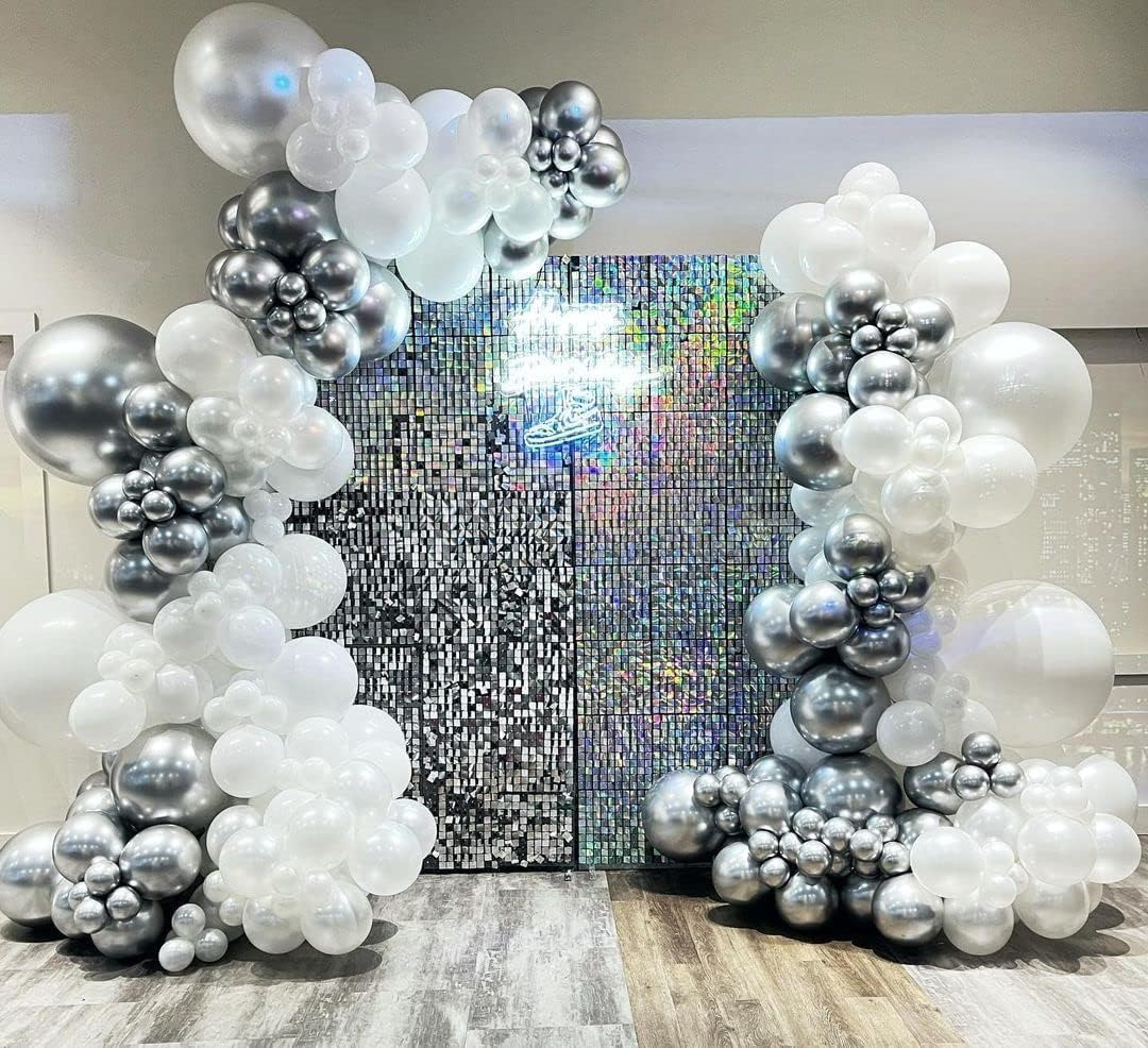 PTGOLUO 153Pcs White and Silver Balloons Garland Arch Kit with Stars - 22 18 12 10 5 inch Different Size White Metallic Silver Confetti Latex Balloon for Birthday Baby Shower Wedding Party Decorations