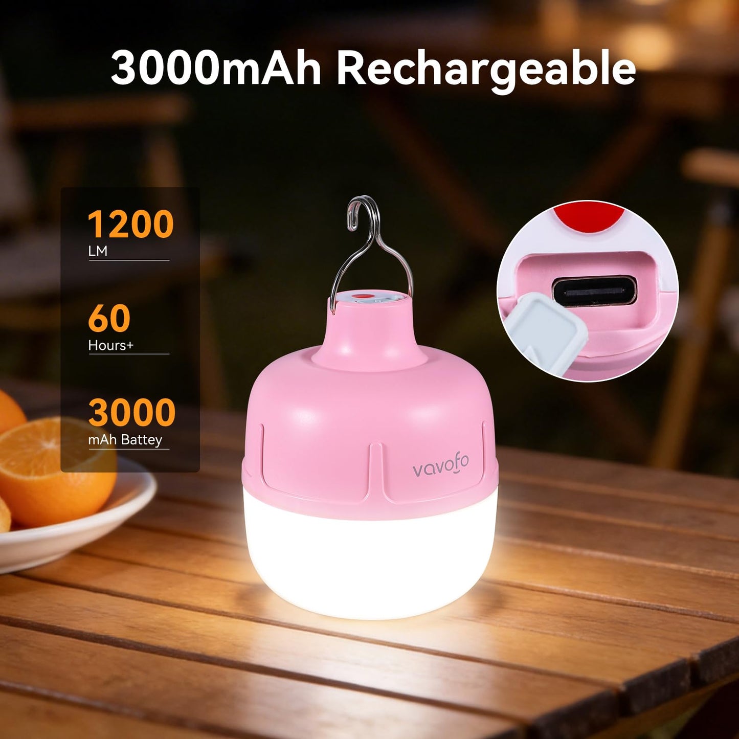 VAVOFO 20W LED Camping Lantern Rechargeable, 1200LM Camping Light, 3000mAh Portable Tent Light , IP65 Waterproof Flashlight Lanterns for Emergencies ,Power Outages,Hiking (Pink)