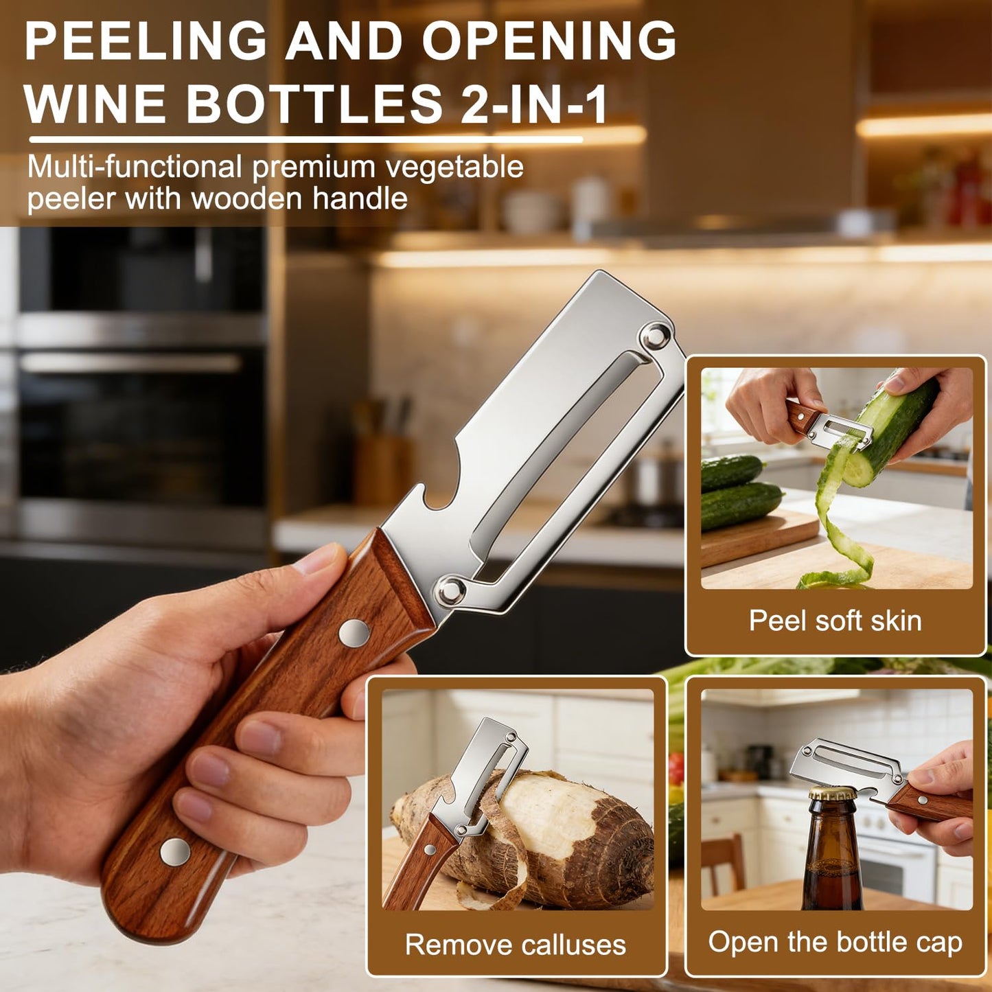 2pcs Premium Vegetable Peeler with Wooden Handle and Bottle Opener, Stainless Steel Blade Peelers for Kitchen Tool for Fruit Apple Potato Pumpkin Papaya