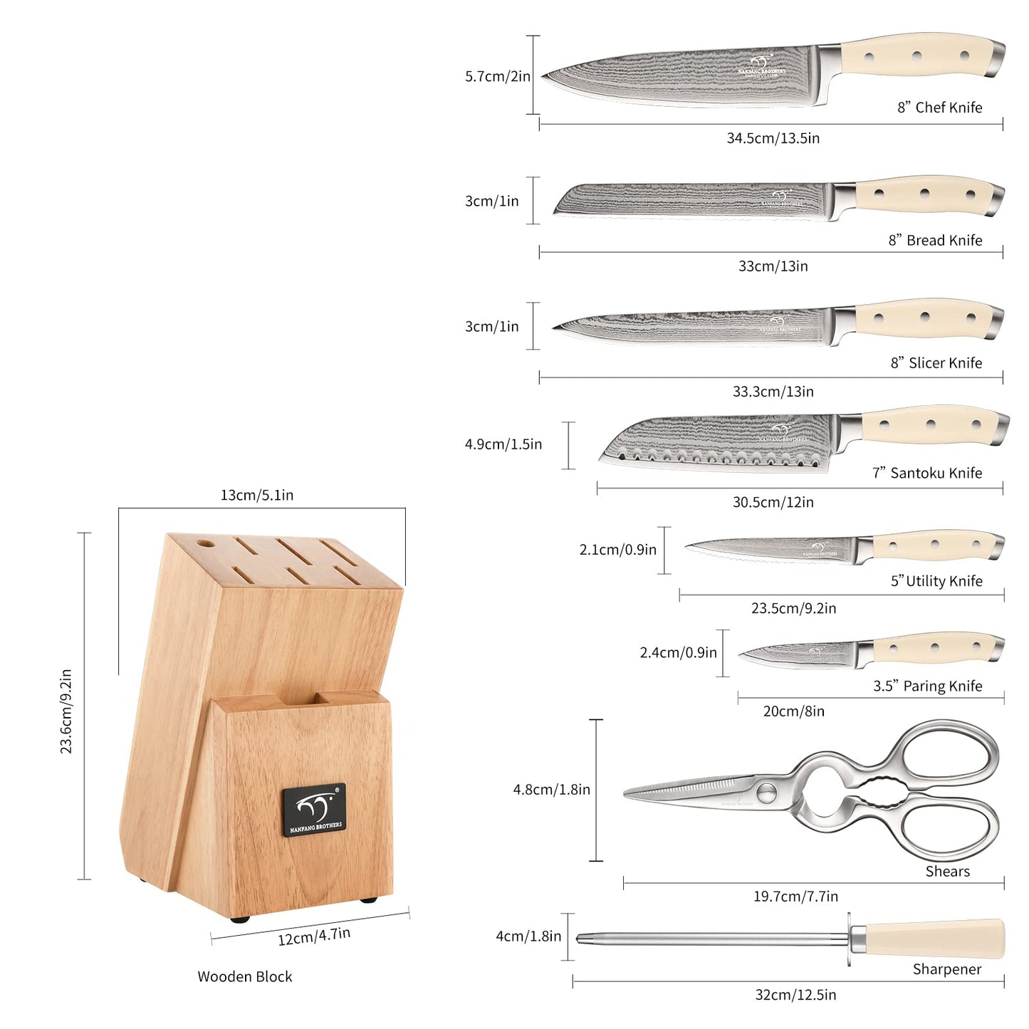Damascus Kitchen Knife Set, 9 Pieces With Block, White ABS Triple Rivet Ergonomic Handle for Chef Knives, Sharpener and Shears