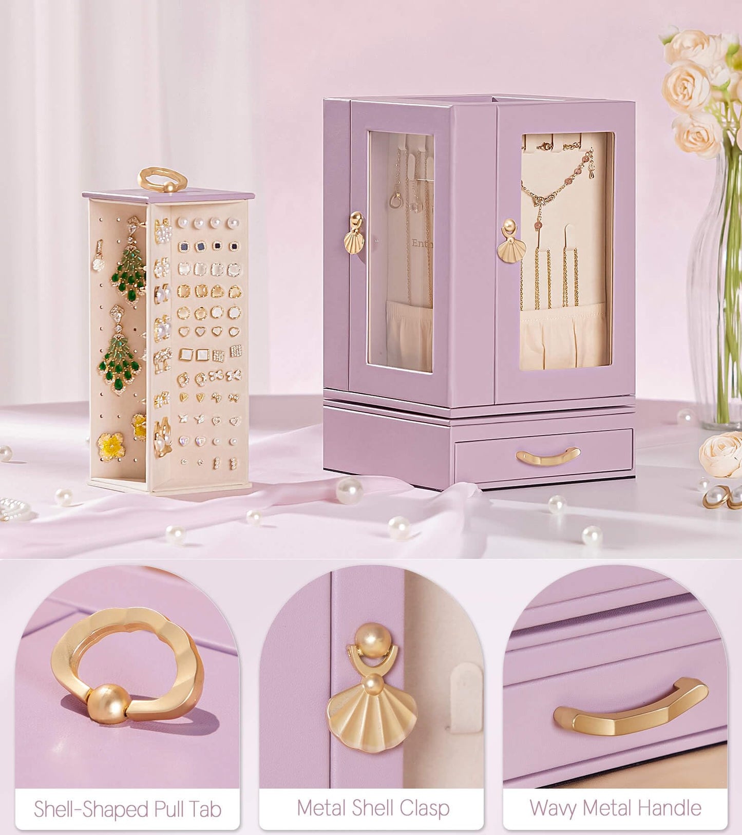 Enthralite Jewelry Box Large for Dresser: Women Necklace Ring Storage Organizer with Compartments - Elegant Earring Holder Display - 360° Rotating Jewelry Organizer with Glass Door