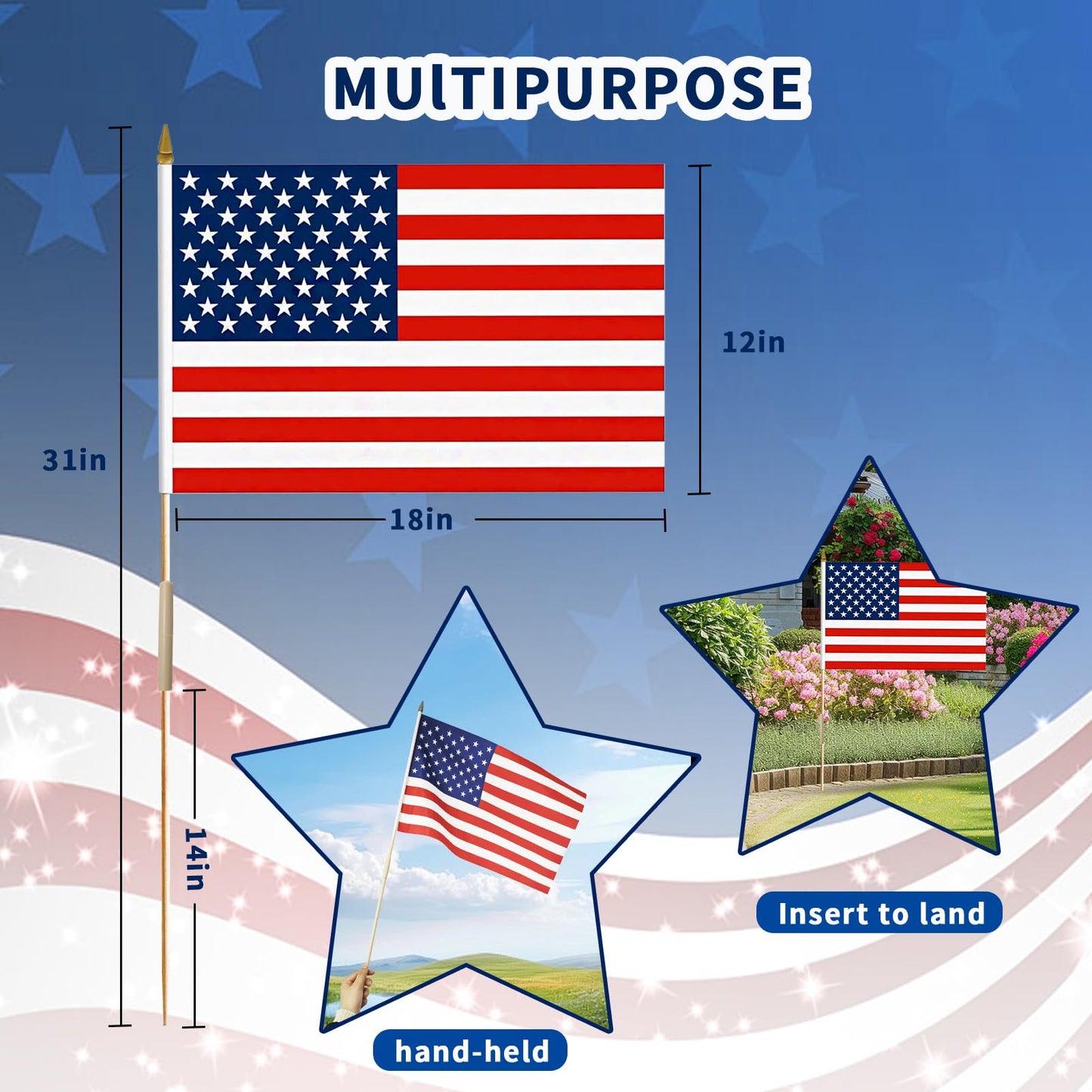 12x18 Inch American Flags on Stick - Patriotic American Flags for Outside, USA Stick Flag Perfect for Independence Day, Memorial Day, 4th of July Decorations (50)