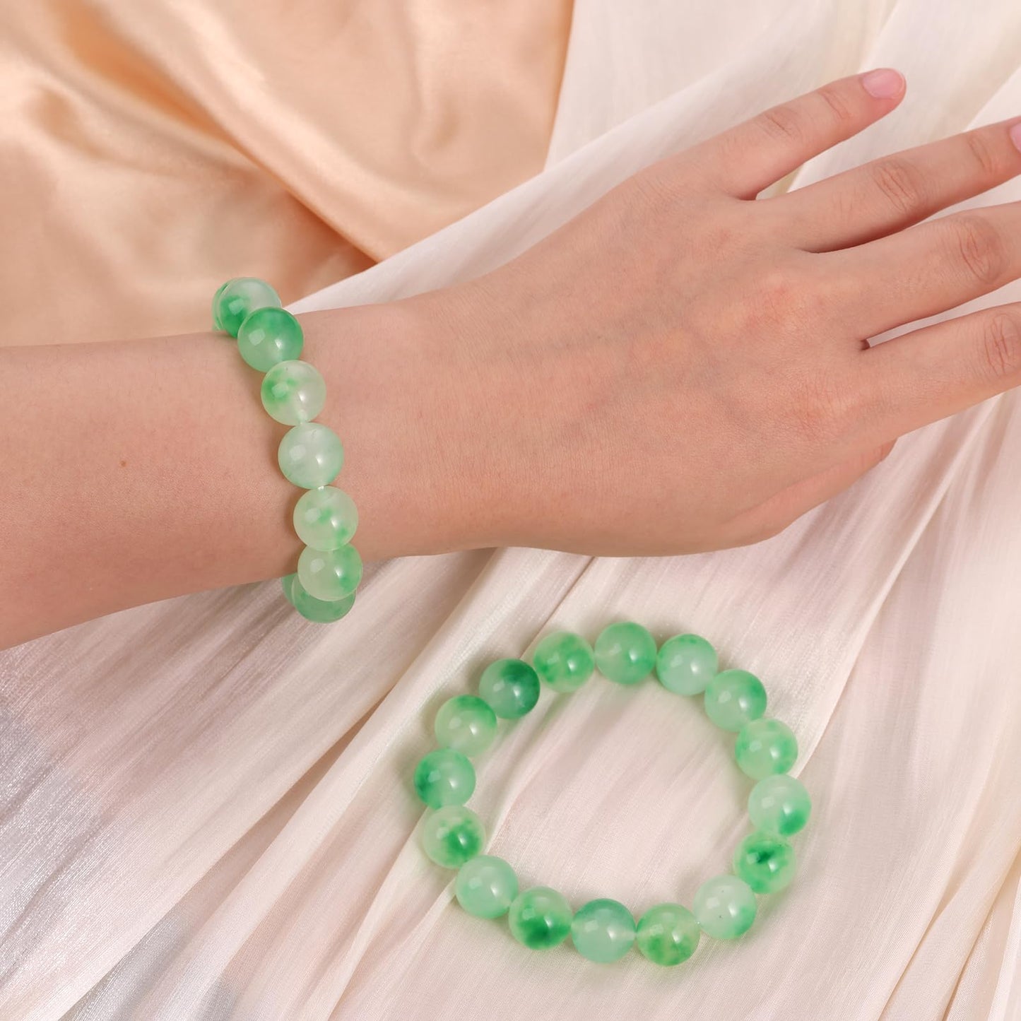 Handmade Natural Jade Beaded Bracelet for Women & Men – Genuine Green/White Jade Gemstone Stretch Bracelet – Lucky Energy Healing Jewelry Gift for Peace, Prosperity & Protection GG