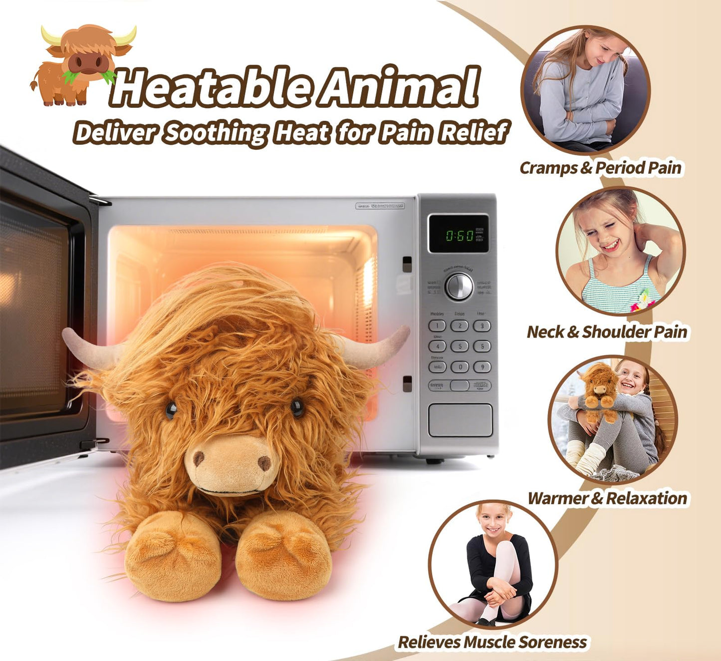 Highland Cow Stuffed Animals, Microwavable Stuffed Animal Adorable Fluffy Highland Cow Plush for Warmth Comfort, Heatable Coolable Lavender Scent Toy, Cute Soft Plushies Gift for Kid Boy Girl & Adult