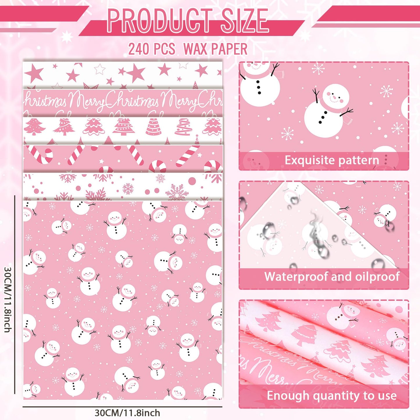 JarThenaAMCS 240 Sheet Christmas Wax Paper 6 Styles Pink Xmas Tree Snowflake Snowman Food Tissue Wrapping Paper Winter Decorative Deli Paper Basket Liners for Home Kitchen Restaurant Baking,12 Inch