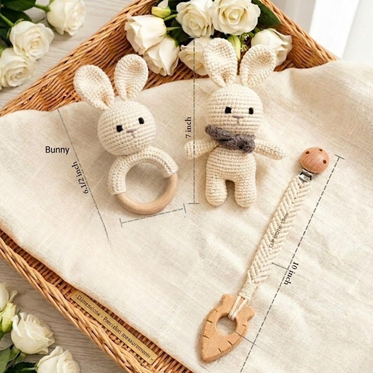Organic Crochet Bunny Baby Rattle Toy - Handmade Newborn Gift Set with Teether & Pacifier Holder - BPA-Free Organic Cotton New Baby Gift - Infant Sensory Toy for Girls Boys 0-12 Months