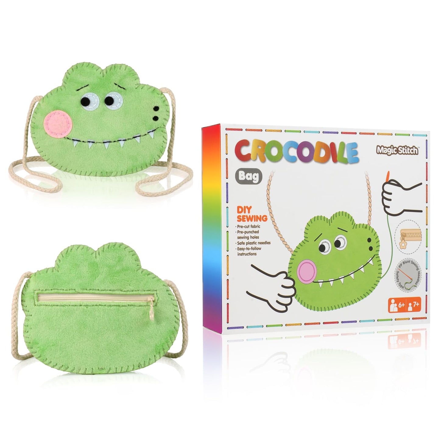 MIJIUWJ DIY Sewing Kit for Kids, Super Soft Plush Fabric Crocodile Crossbody Bag Embroidery Starter Kit for Beginners Arts and Crafts for Kids Ages 8-12, Learn to Sew Felt Birthday Gifts for Girls 6-8