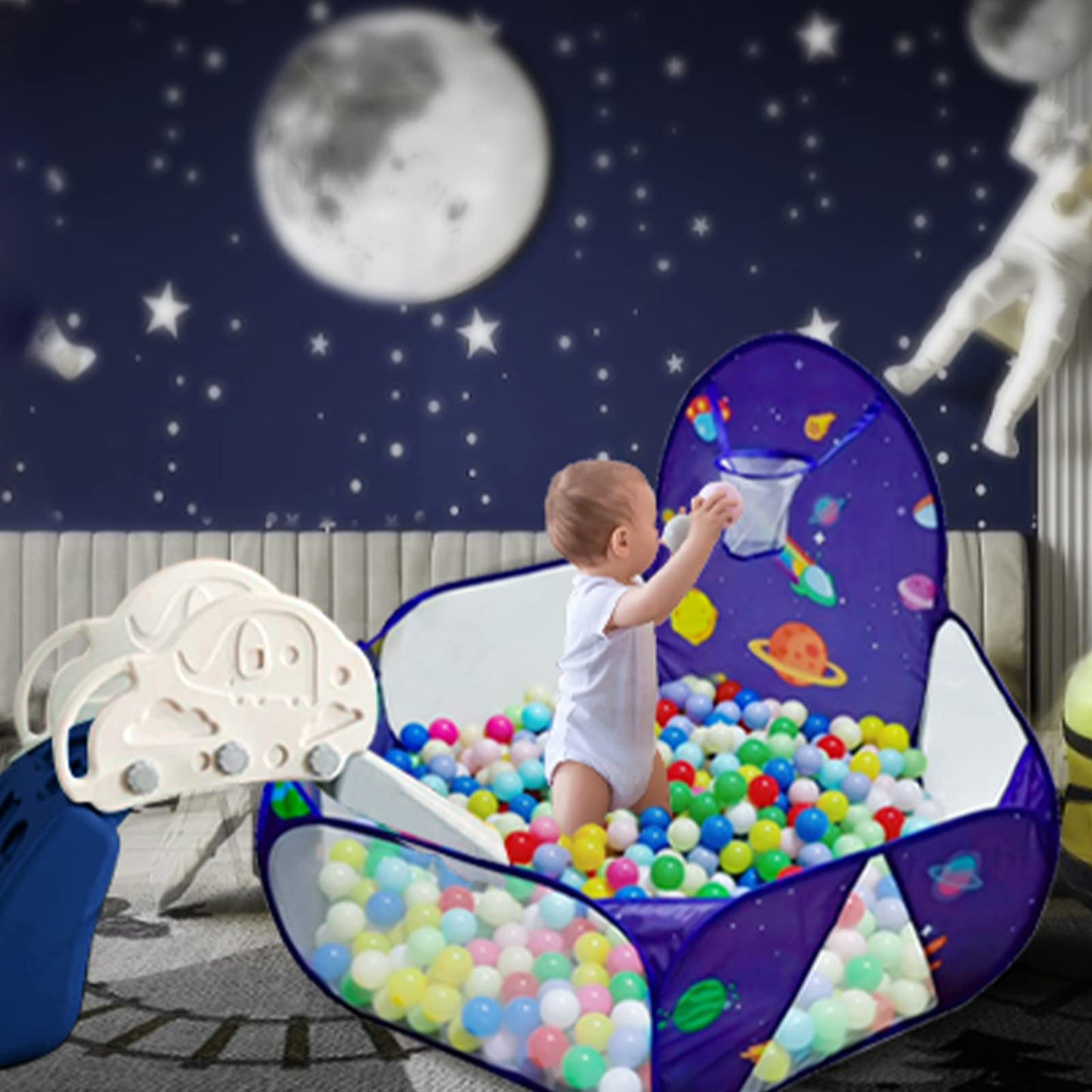 LOJETON Kids Ball Pit, Pop Up 3+Children Play Tent, Toddler Ball Pool Baby Crawl Playpen with Basketball Hoop, Portable Toys for Girls Boys, 4 ft / 120 cm, Balls Not Included, Spaceship