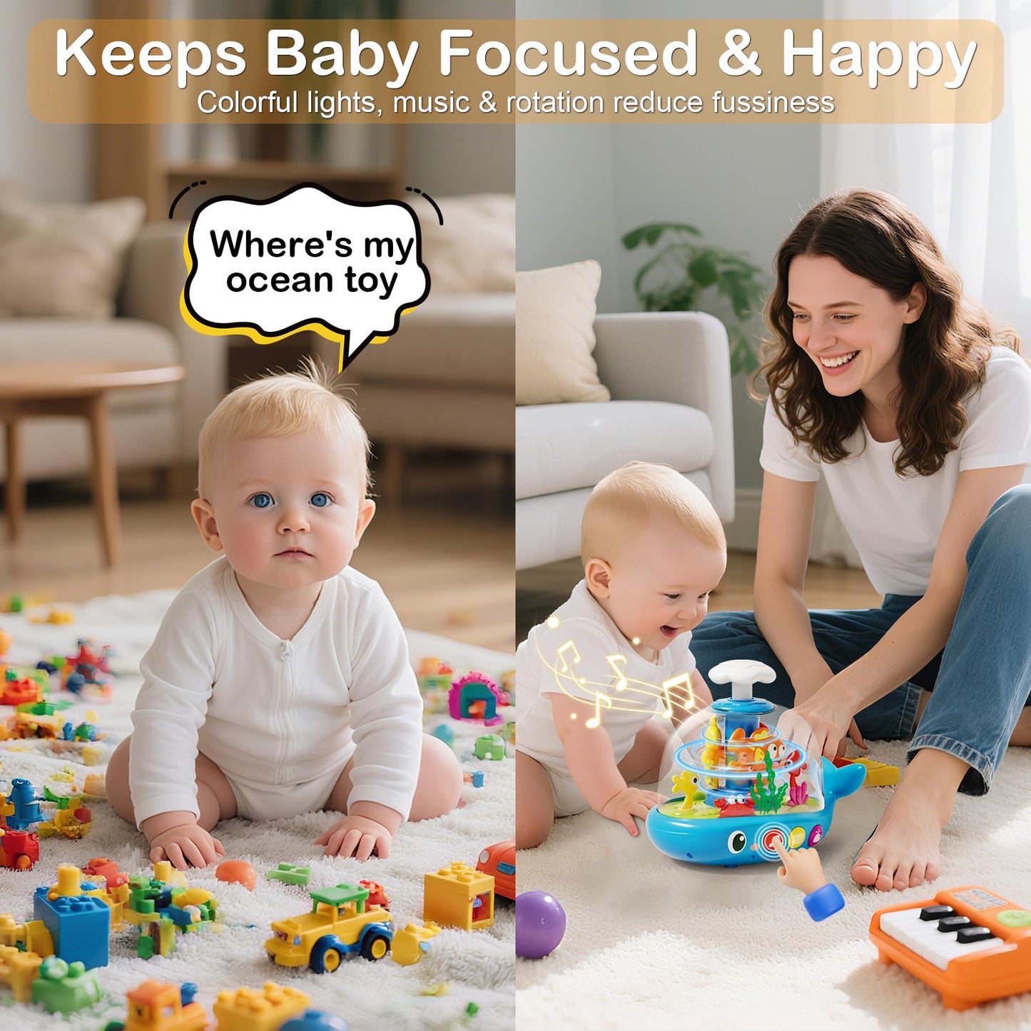 Whale Sensory Spinner Toy for Baby: Light Up Rotating Play with Music – Safe ABS Early Learning Educational Toys for 6 Months+ – Christmas Birthday Gift for Boys and Girls