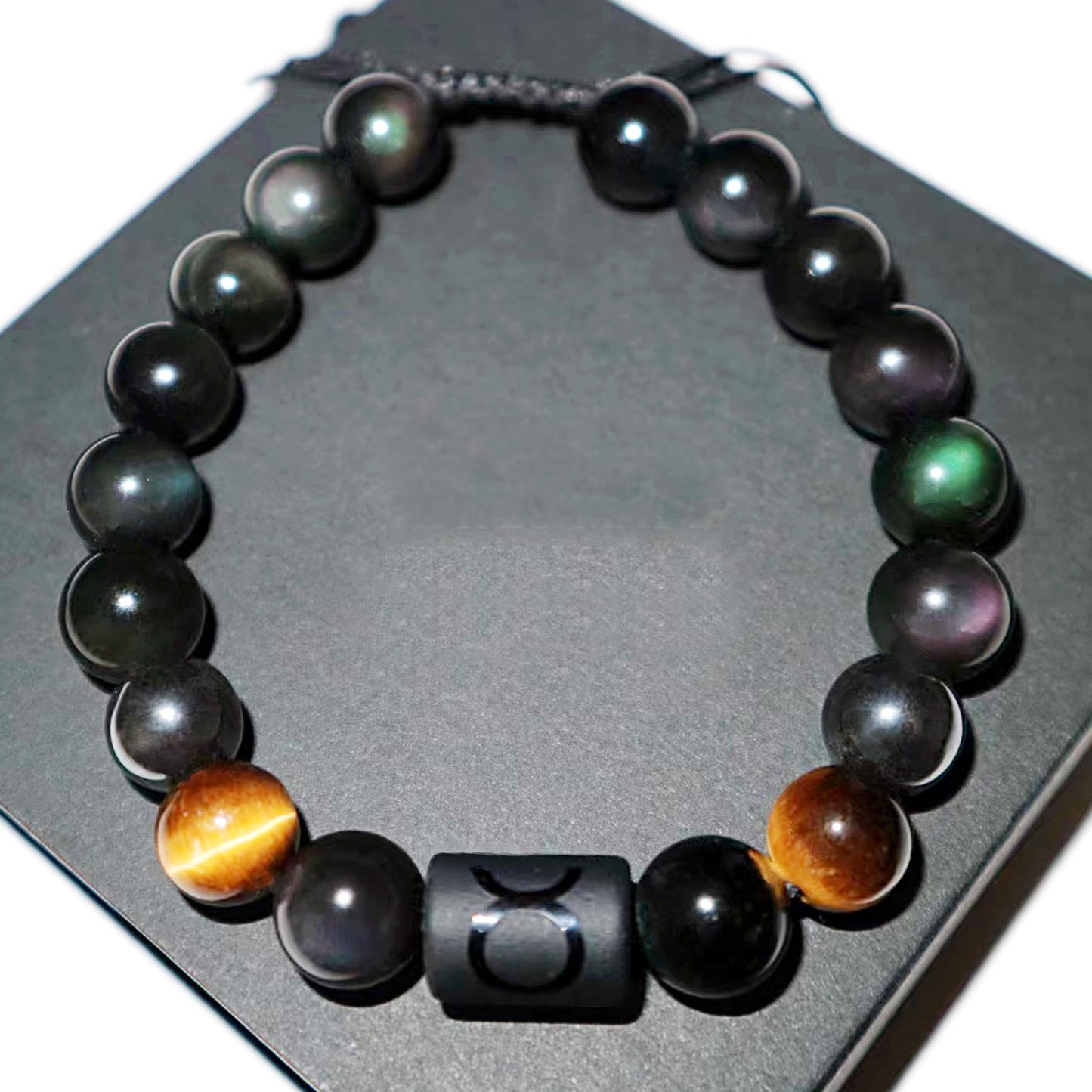 Yocicil Birthday Gift, Rainbow Black Obsidian Mens Bracelet, Couples Bracelets 10mm Natural Tigers Eye Hematite Bracelet, Zodiac Healing Crystal Bracelet Good Luck Gifts (Taurus gifts)