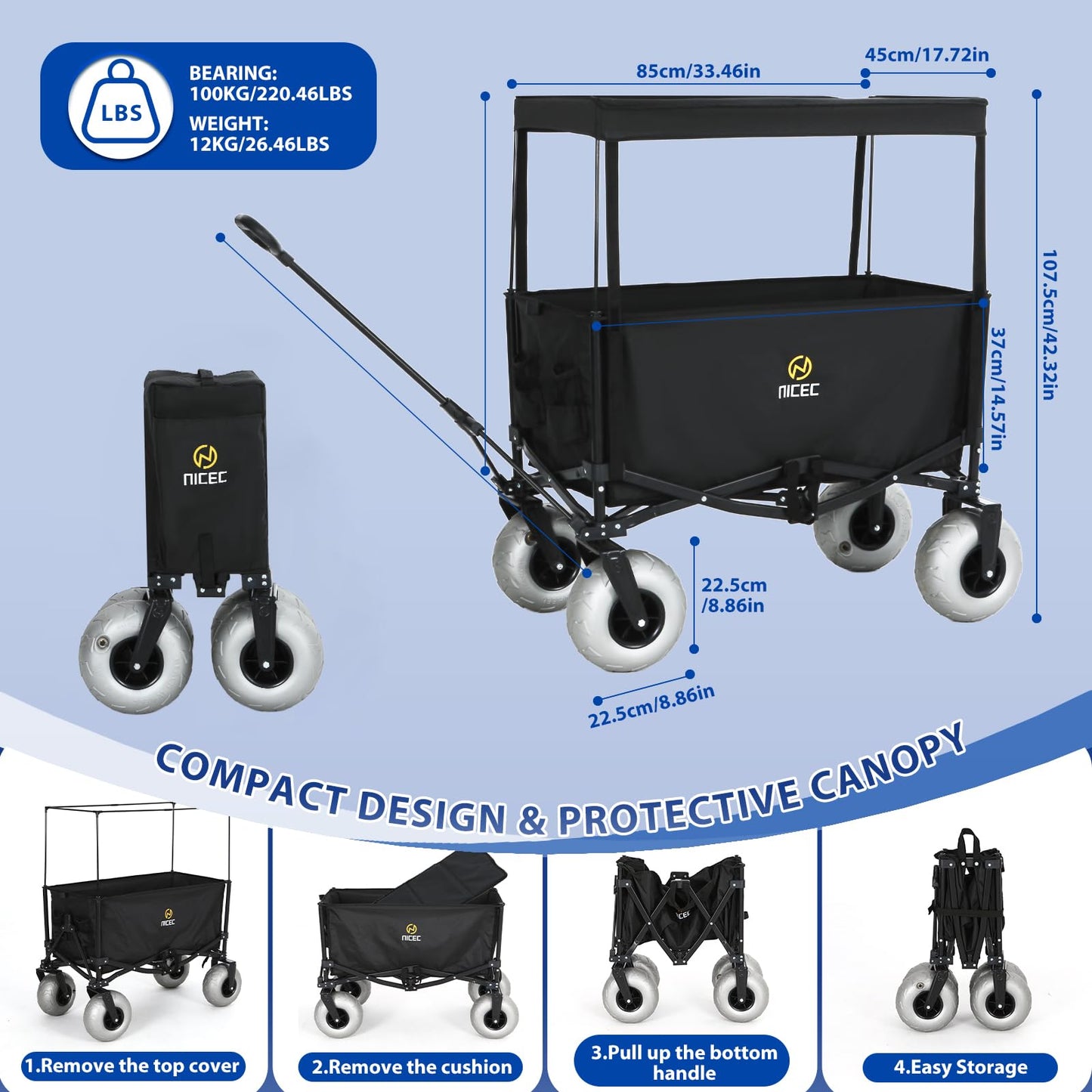 Nice C Beach Wagon with Canopy, Beach Cart with Ballon Wheels for Sand, 9'' Big Sand Wheels, 220 lb Capacity, Adjustable Handle, for Camping, Groceries