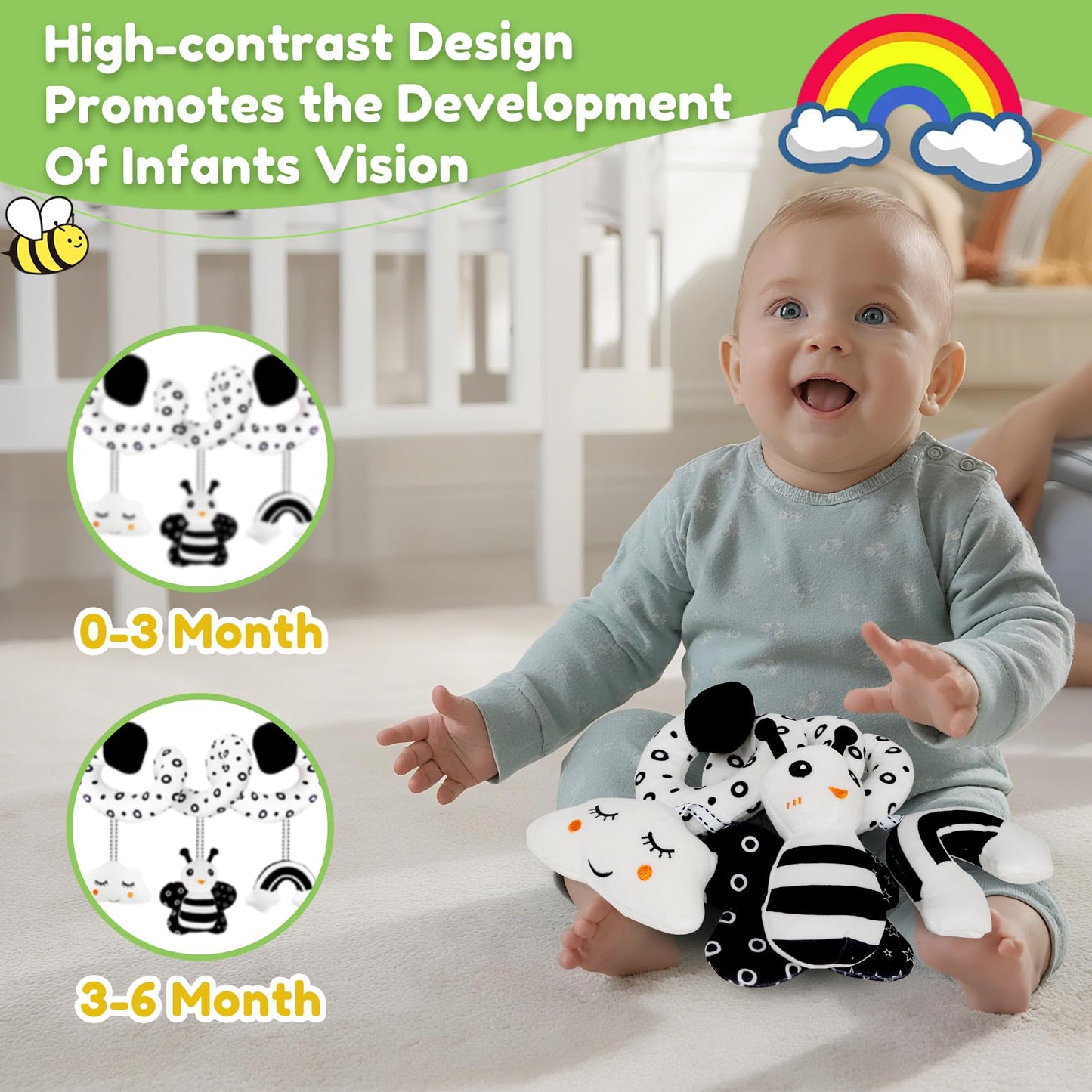 kizh Baby Hanging Stroller and Car Seat Toys High Contrast Baby Toys for Newborn Black and White Sensory Plush Activity Toys for Babies 0-6 Months-BEE