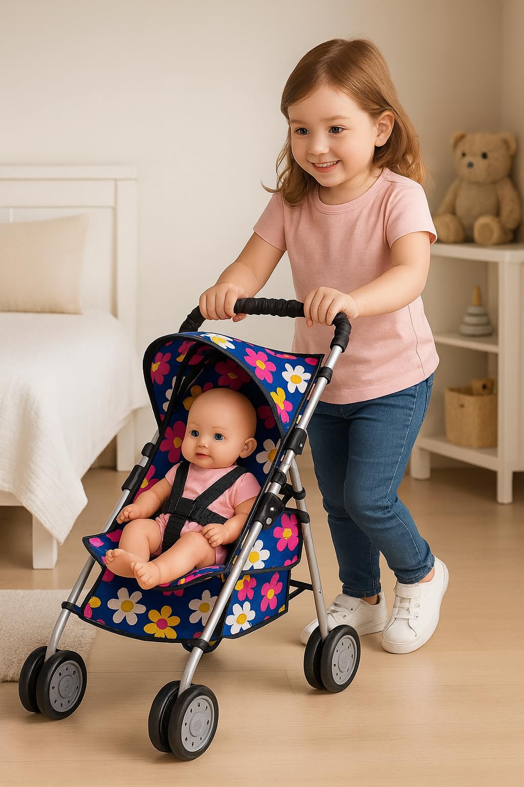 fash n kolor 3 Piece Baby Doll Play Set Flower Design Includes - Foldable Pack N Play, Baby Doll Stroller, Baby Doll High Chair, Fits Up to 18'' Dolls 3 Piece Doll Accessories Set, Best Gift for Girls