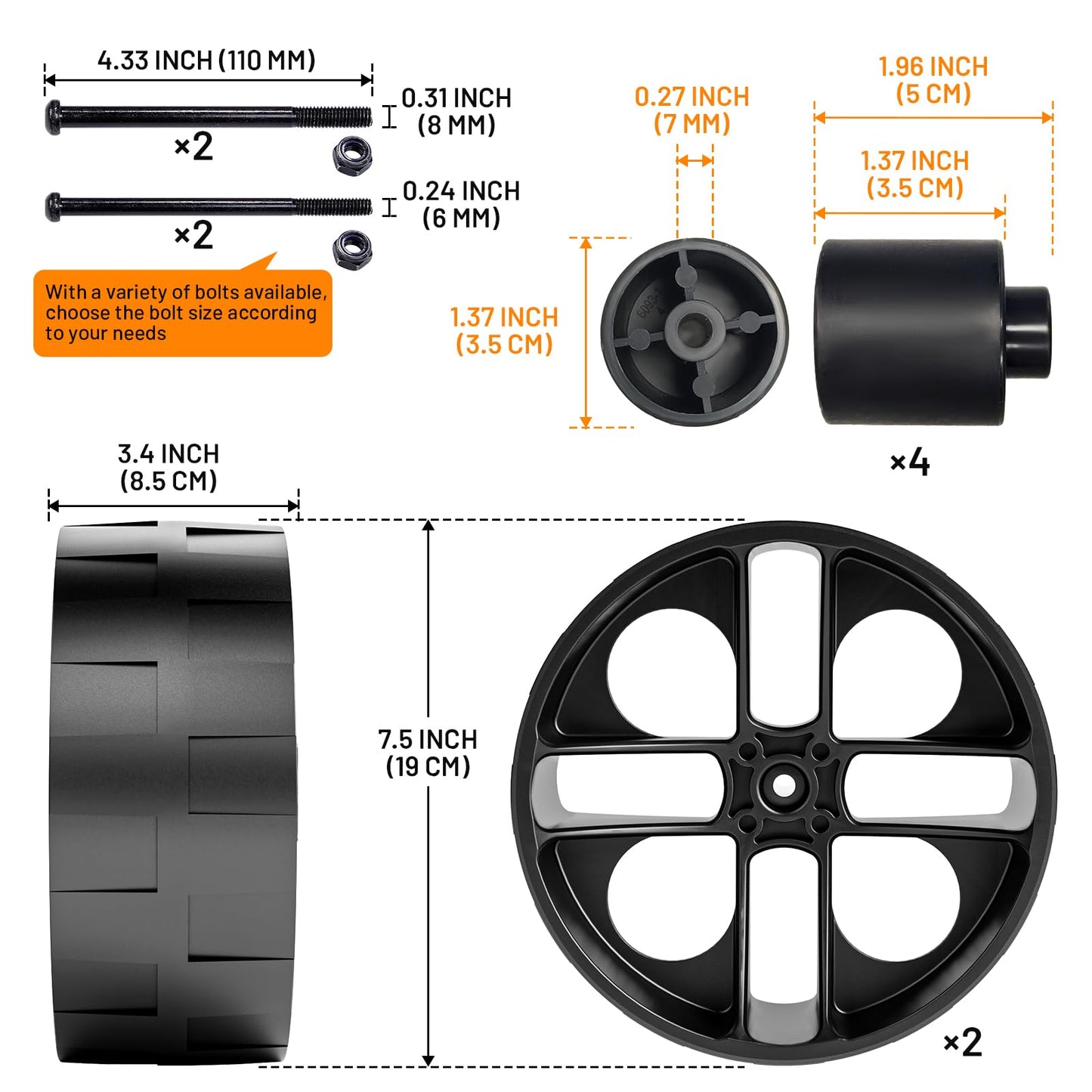TIMBER RIDGE Wagon Replacement Rubber Wheel, Wheels for Utility Folding Beach Wagon Cart, 7.5" Diameter X 3.4" Wide(2 PCS)