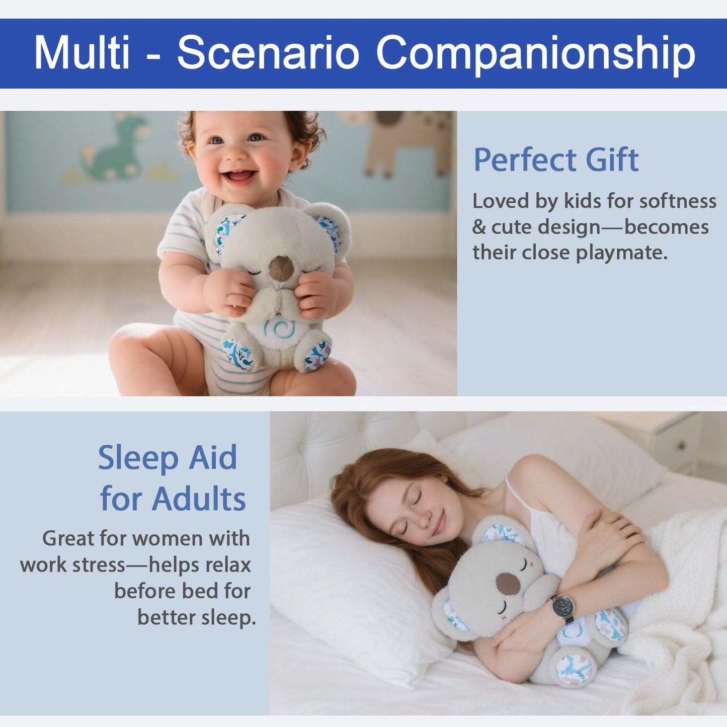 Anxiety Stuffed Animal - Relief Koala Bear for Adults & Kids, Soothing Plush with Breathing Motion, Calming Sleep Buddy, Music & Lights(Battery-Free)