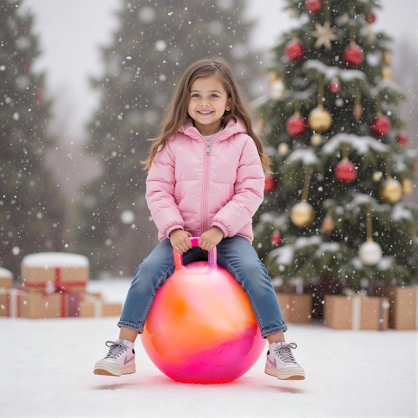ZOOJOY Hopper Ball for Kids, 18In Bouncy Ball with Handle, Inflatable Orange Clouds Girls Toys for Indoor Outdoor Active Play Hopping Ball, Balance Hopping Gifts for Girls Boys for 3-8 Yr