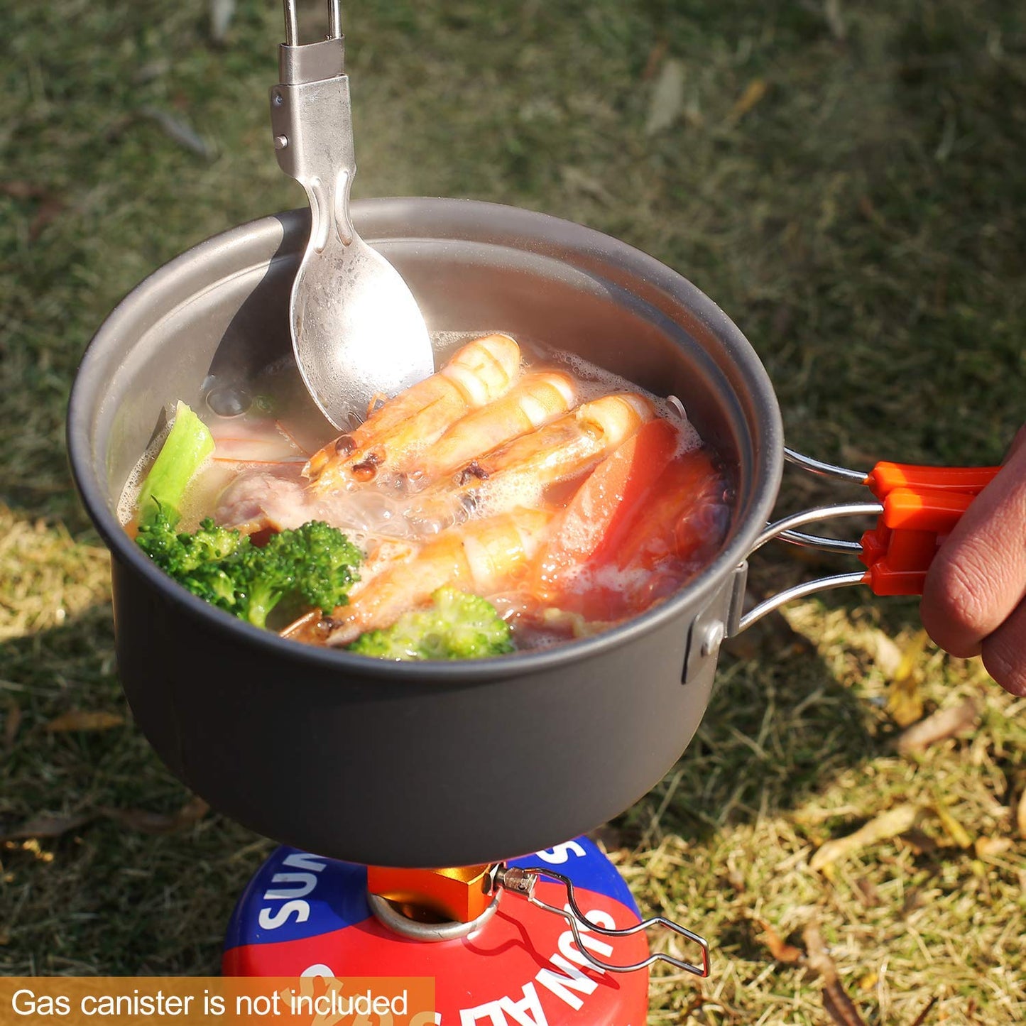 REDCAMP 10 PCS Camping Cookware Mess Kit Camping Gear Campfire Utensils Lightweight Stackable Pot Pan Bowls Soup Spoon with Storage Bag for Camping, Backpacking, Outdoor Cooking and Picnic, Orange