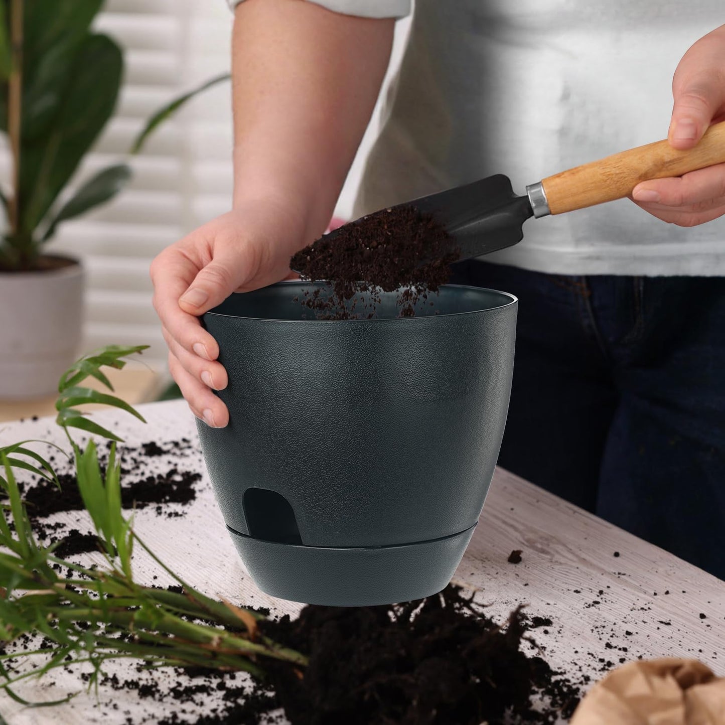 IWNTWY Self Watering Pots Set, 5 Pack 6 Inch Self Watering Pots for Indoor Outdoor Plants, Plastic Planter with Drainage Holes and Deep Reservoir for African Violet, Spider, Orchid