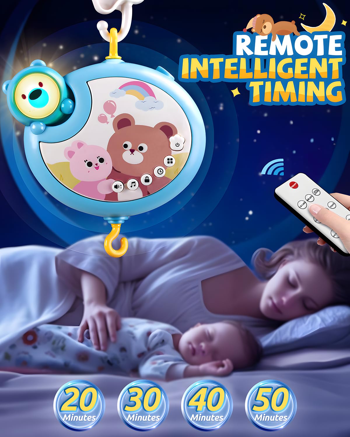 RSEPD Crib Mobile With Music And Lights, Mobiles For Cribs, Baby Mobile Arm Toys Hanging For Bassinets Girls Boys, Nursery Musical Space Portable Infant Mobiles Clip On Pack And Play Hanger 0-6 Months