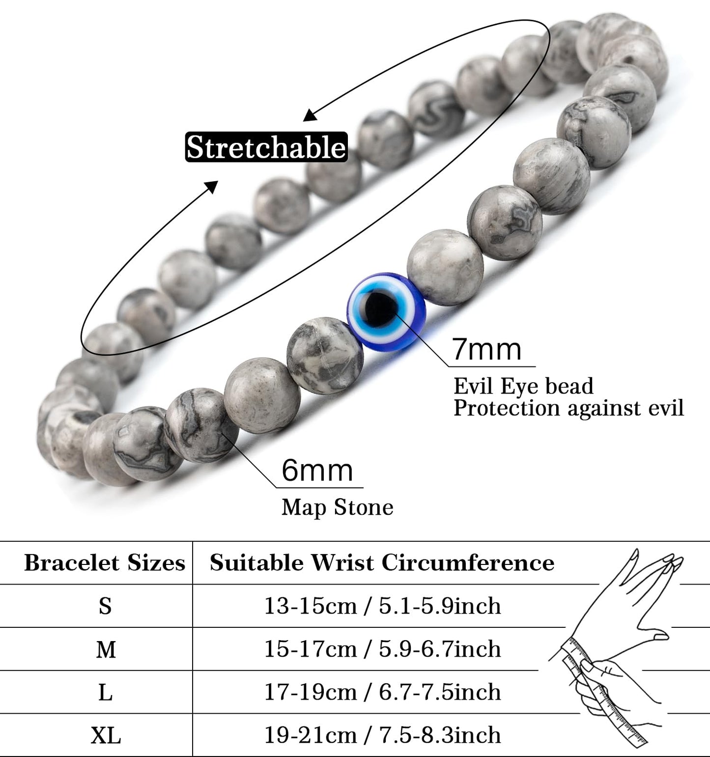 Lameybrt Evil Eye Bracelet 6mm Natural Stretch Adjustable Beaded Bracelets for Men (A06 Cartographic stone, M (6.6"-7.5"))