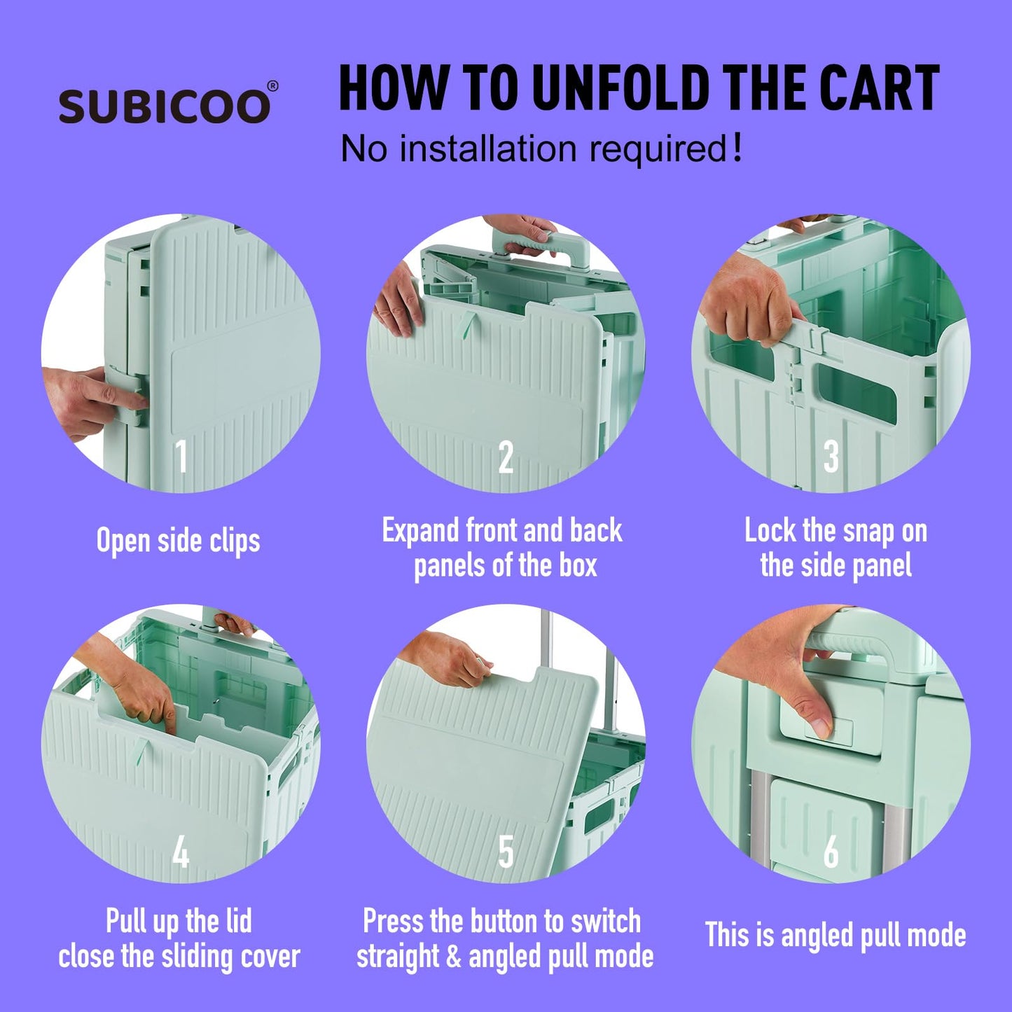 Folding Utility Cart Portable Rolling Crate Handcart Shopping Trolley Collapsible Tool Box, with Lid, on 4 Rotate Wheels, for Grocery, Shopping, Office, Camp, Teacher (Green)