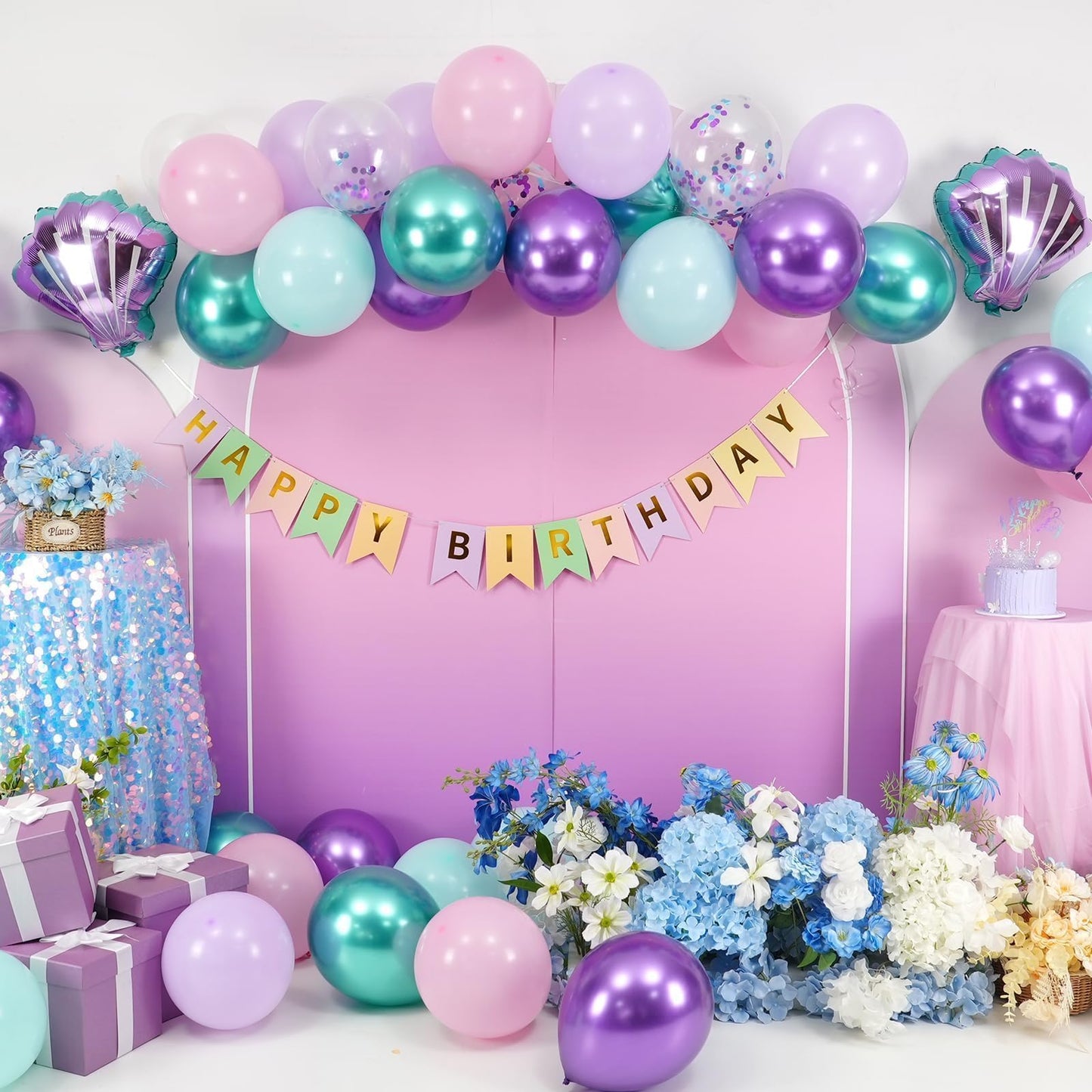 Mermaid Birthday Decoration for Girls,Metallic Purple Pink Green Blue Latex Balloons Seashell Foil Balloons Banner Cake Topper Mermaid Sea Decorations