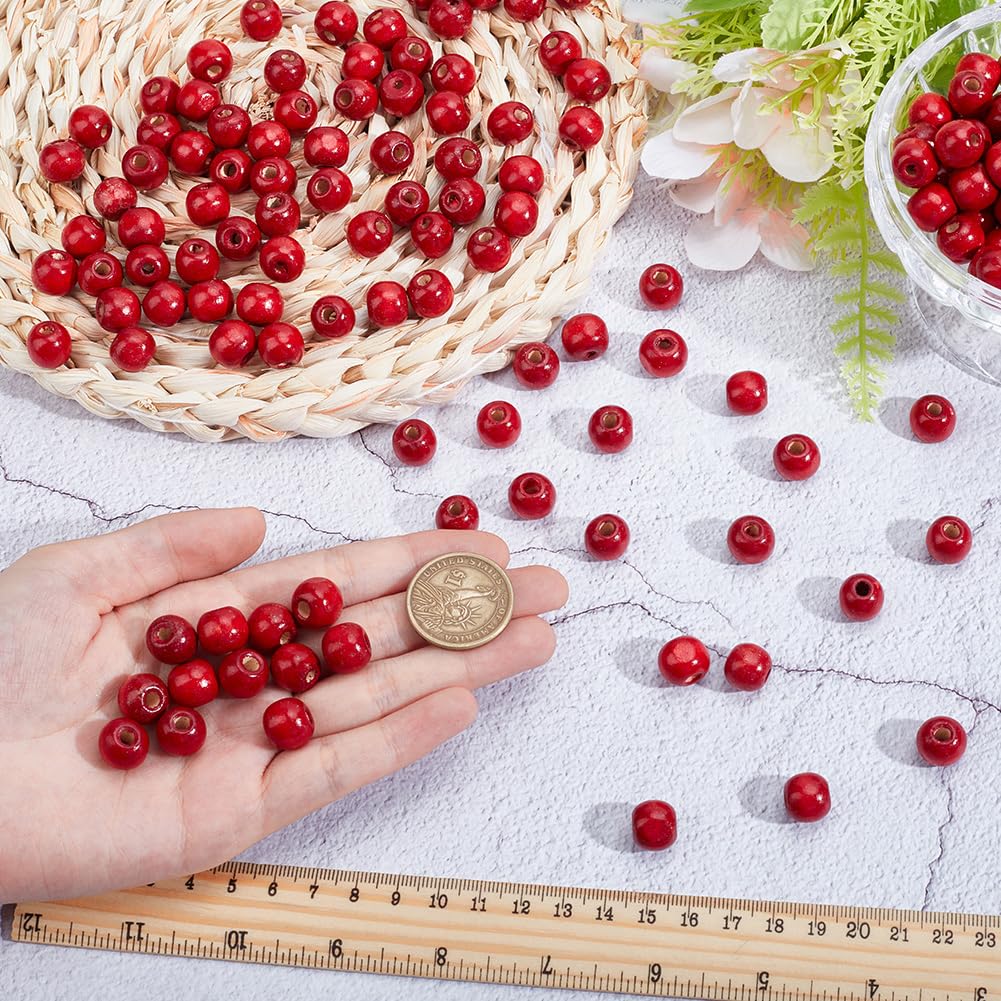 PONABEADIY 400PCS 12MM Red Wood Macrame Beads with Large Holes Natural Round Dyed Wooden Vintage Hair Solid Loose Spacer Loose Bead Bulk for Jewelry Making Christmas Holiday Garland DIY Craft Supply