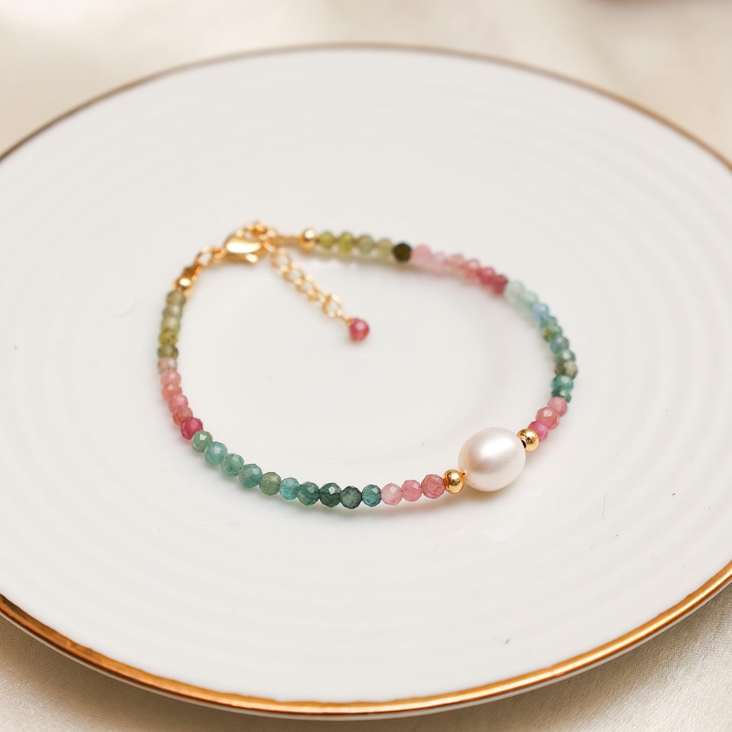 Gempires Watermelon Tourmaline Beaded Bracelet with Pearl Choker Crystal Jewelry Lightweight Colorful Gemstone Bracelets For Women Hypoallergenic 7.5 Inch Gold Plated Adjustable Chain