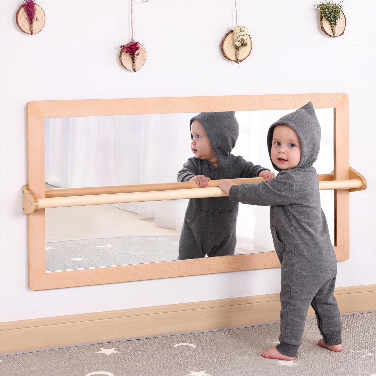 KRAND 3-Position Montessori Shatterproof Safety Baby Mirror w/Pull Up Handrail, Infant Coordination Mirror Set, Kid's Classroom Furniture for Nursery, Daycare, Homeschool or Preschool (Natural Pura)