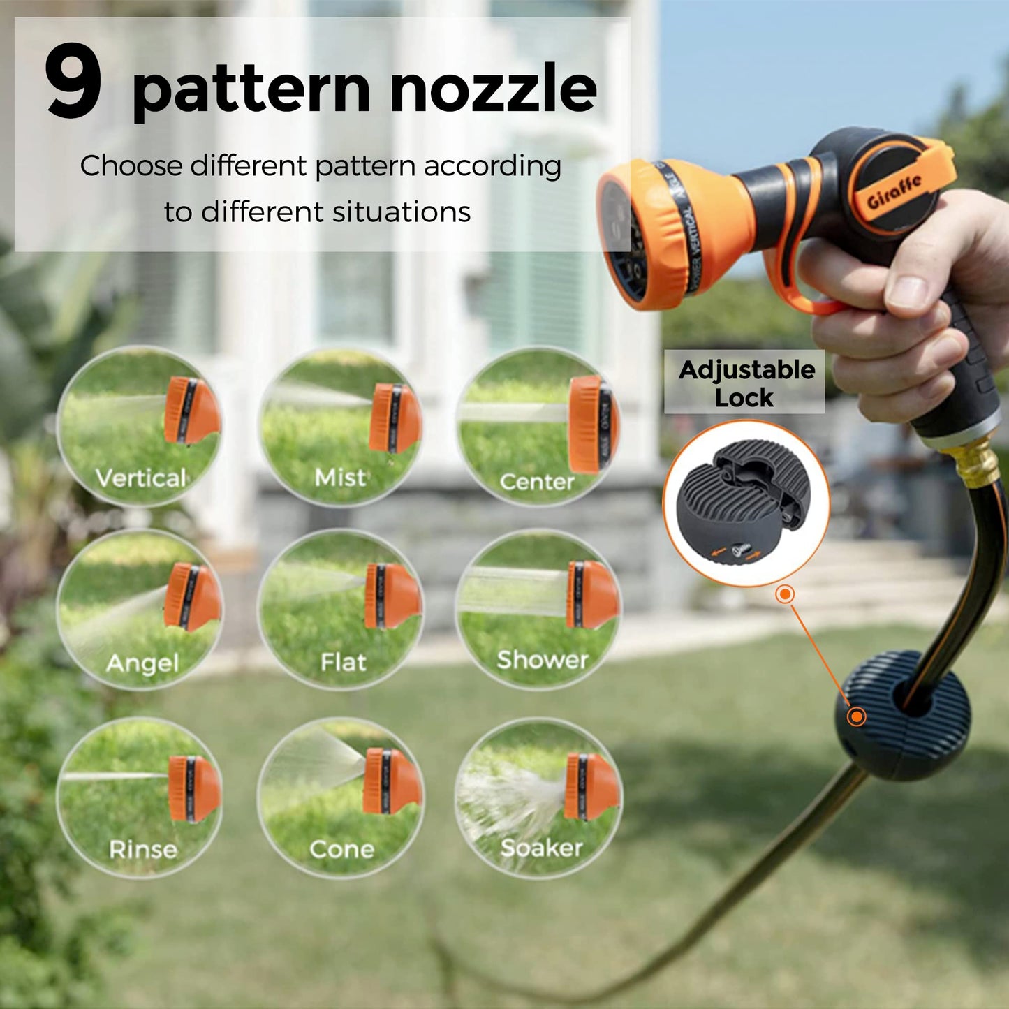 Giraffe Tools Retractable Hose Reel 1/2 in x130 FT PRO Metal Bracket Wall Mounted Heavy Duty Hose Reel with 9 Pattern Nozzle 180 Deg Swivel, Metal Bracket Any Length Lock (1/2 130FT PRO, Dark Grey)