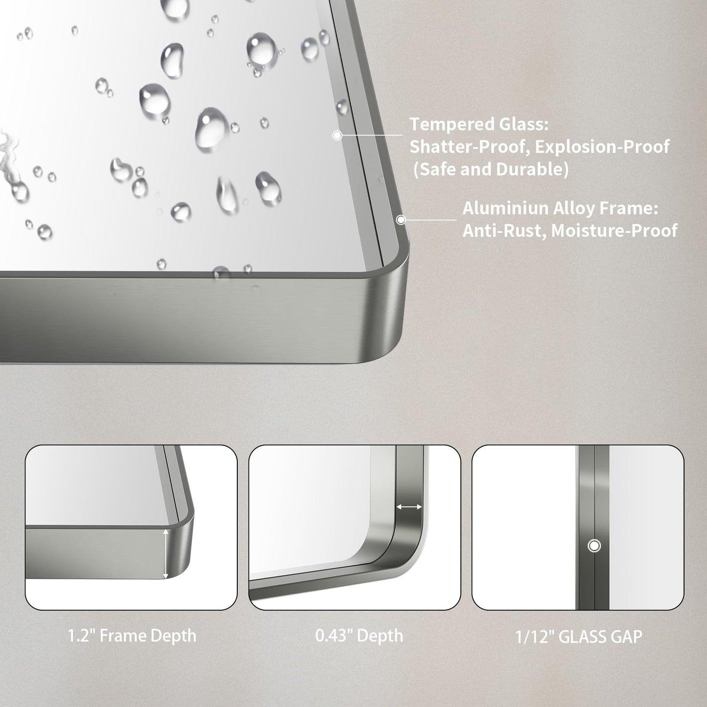 LOAAO 60X28 Inch Brushed Nickel Bathroom Mirror, Rounded Rectangle Silver Metal Frame Mirror, Brushed Nickel, Anti-Rust, Shatter Proof, Hangs Horizontally or Vertically
