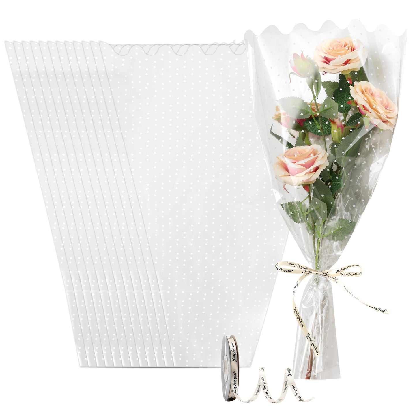 CHAQiWi Clear Cellophane Flower Bags with Star Pattern, 100 Count Bouquet Wrapping Sleeves with Ribbon, 11x3x16 Inch, for Flower Bar Supplies Wedding Birthday Mother's Day