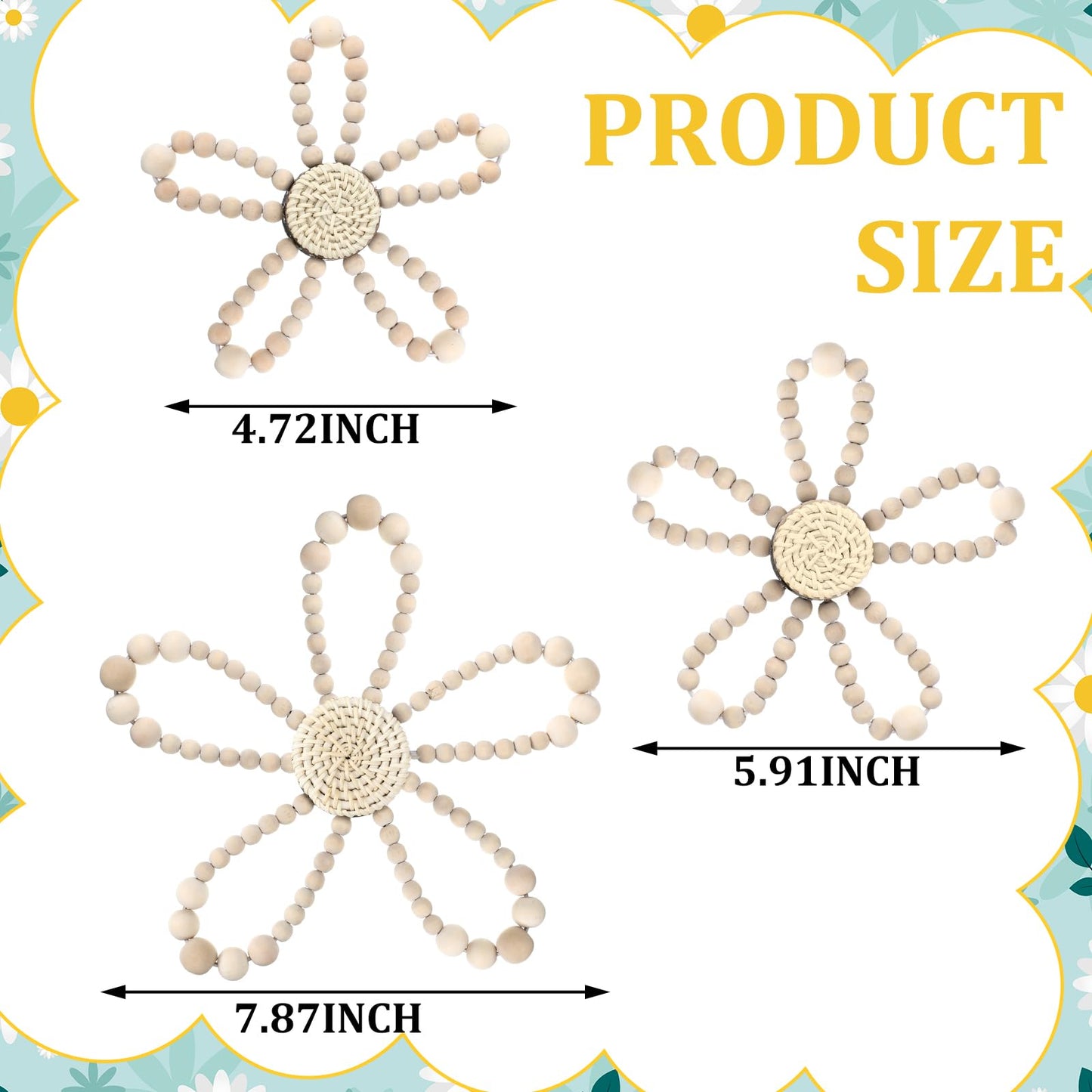 AceOrbit 3 Pcs Boho Daisy Flower Wall Decor, Wood Bead Daisy Wall Art, Beaded Wildflowers, Farmhouse Boho Nursery Decor for Baby Girls Kids Bedroom Dorm Playroom, 7.87'', 5.91'', 4.72''