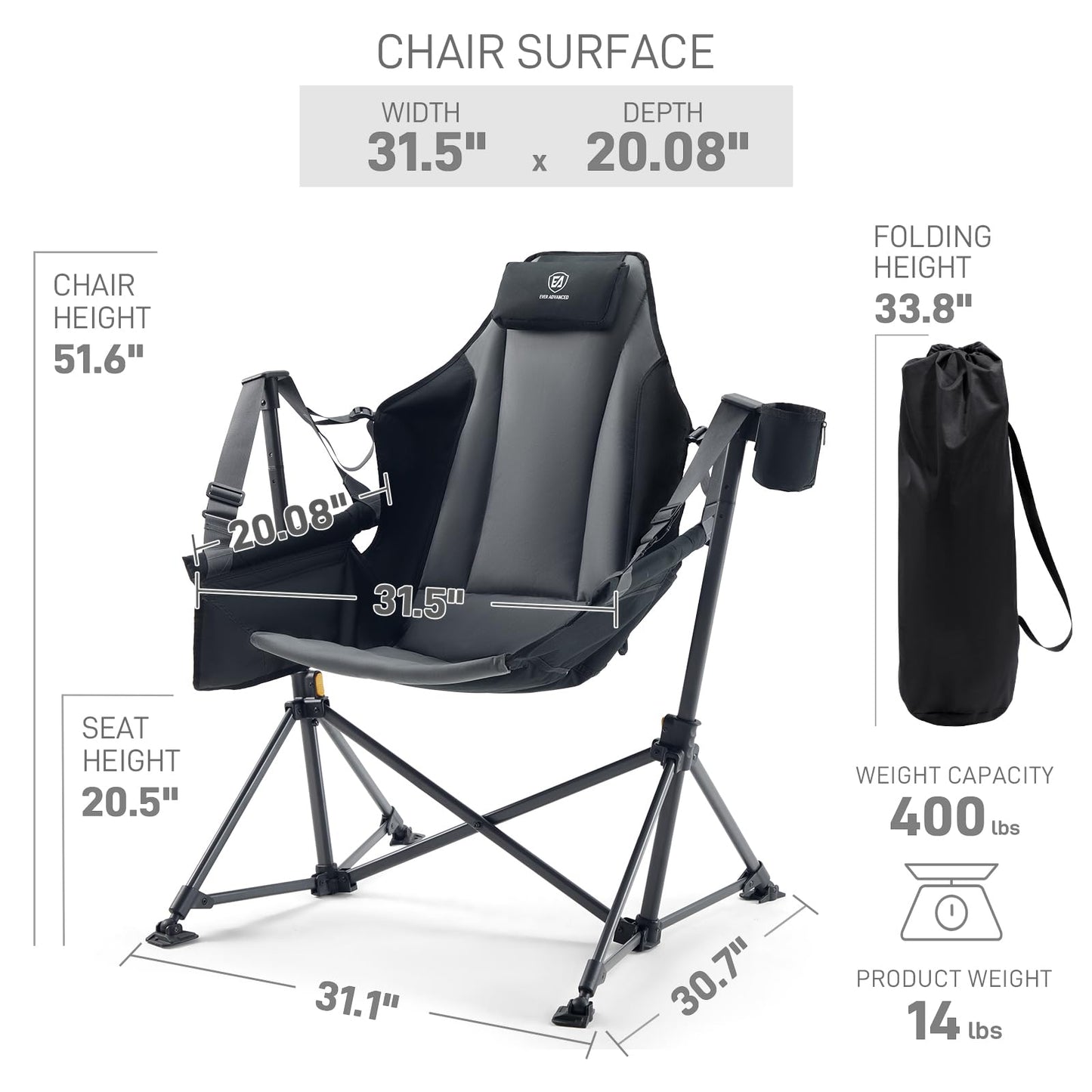 EVER ADVANCED Padded Oversized Hammock Camping Chair, Compact Heavy Duty Swing Chair with Multi-Storage Pockets, Portable Folding Rocking Camping Chair, Support Up to 400lbs, Black