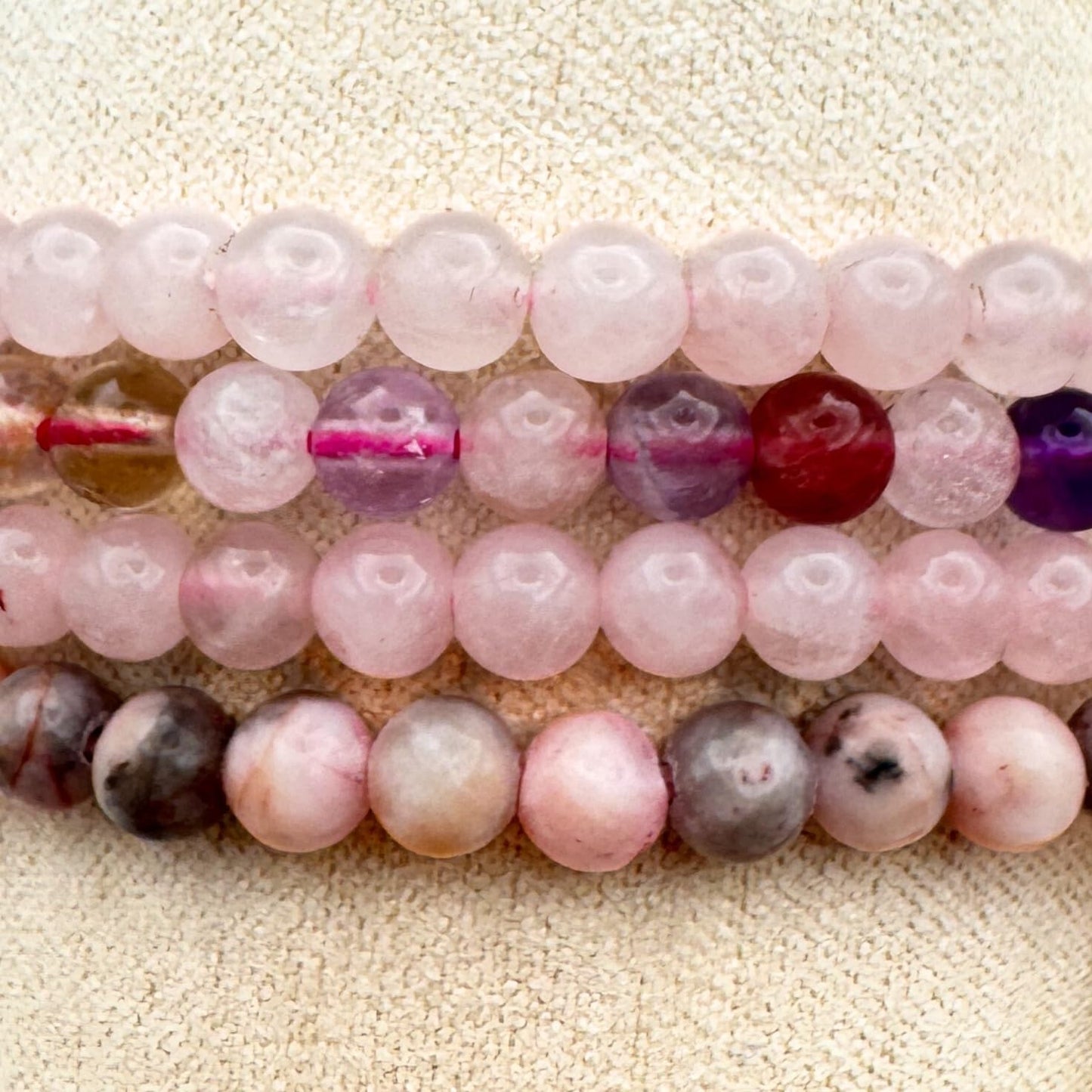 Love Crystal Bracelet Stack 4mm – Healing Stone Beaded Bracelets – Rose Quartz, Pink Zebra, and Mixed Light Stones, Spiritual Energy Jewelry for Unconditional Love, Joyful Comfort, Harmony – Elastic, Unisex, Gift-Ready