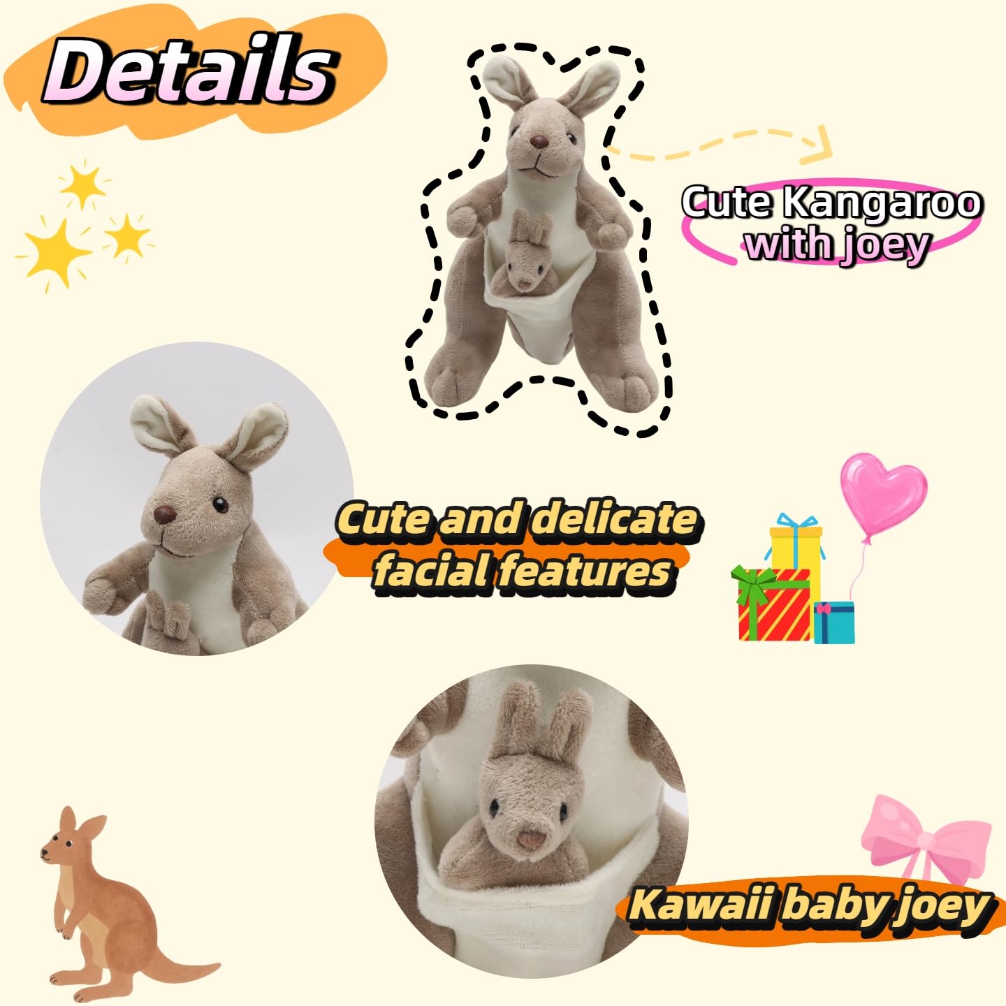unsnurnoch 9.84" Kangaroo Plush Toy with Baby Joey, Cute Stuffed Animal Doll, Soft Cuddly Kangaroo Mom and Baby, Perfect Birthday for Kids, Friends, Home Decoration
