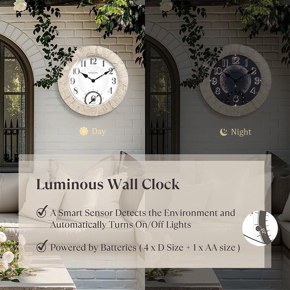 Presentime & Co 14" Illuminated in/Outdoor Clock with Smart Sensor and Night Light, Waterproof, Large Wall Clock with Thermometer & Hygrometer, for Garden and Patio - Coastal Sandstone Finish.