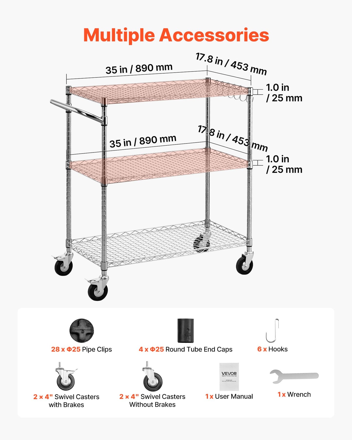 VEVOR Kitchen Utility Cart, 3 Tier Heavy Duty Adjustable Wire Storage Rack, Commercial Steel Rolling Service Trolley on Wheels, Work Table with Handle Bar, for Garage and Laundry Room, 35x17.8x40.9 in