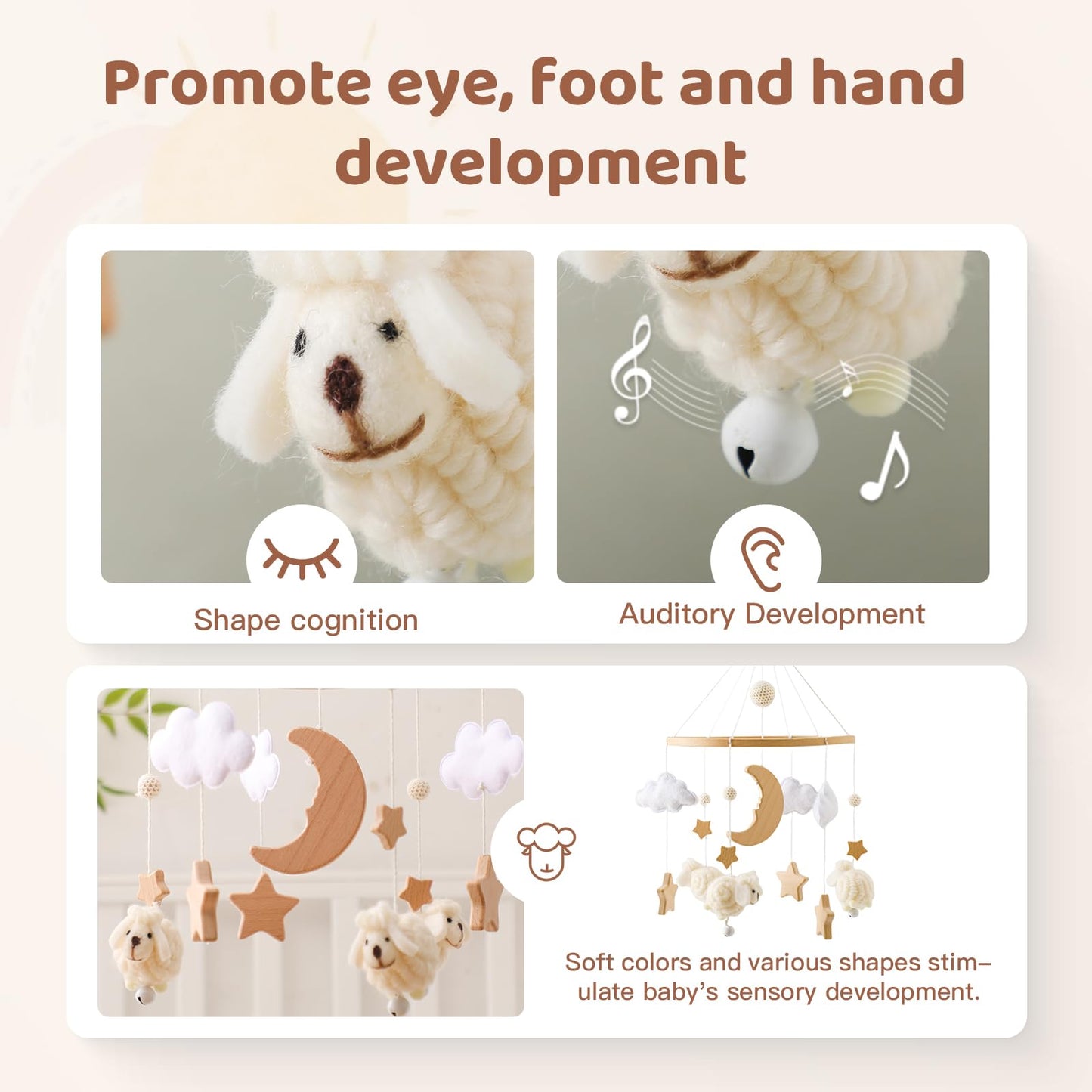 Baby Mobile for Crib, Montessori Baby Crib Mobile for Boys Girls for Bassinet, Nursery Decor for Infant Bedroom Hanging, Baby Mobile Soothe Toys -Gender Neutral Baby Gift (Beige)