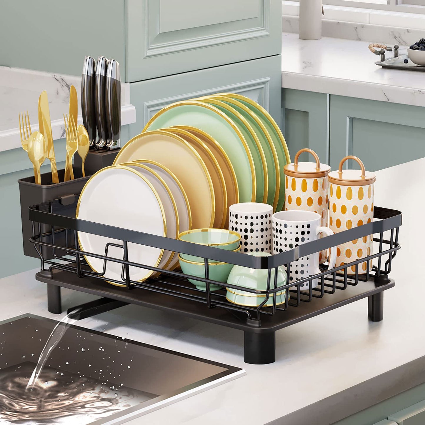 AIDERLY Iron Dish Drying Rack with Drainboard Dish Drainers for Kitchen Counter Extendable Spout Strainers with Utensil Holder and Knife Slots, Black