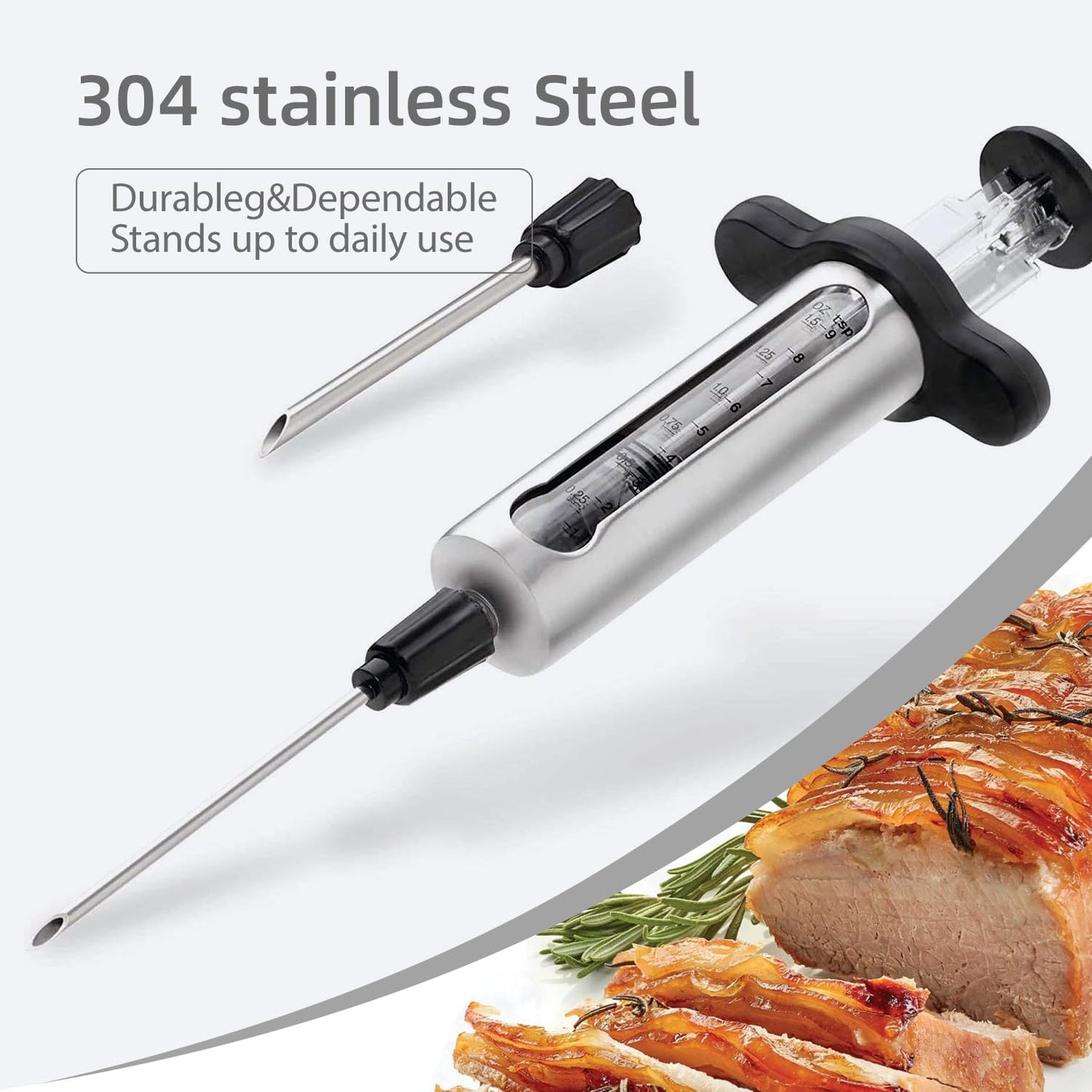 Meat Injector - 2 Stainless Steel Needles for Marinade, Brine & Flavor Injection, with Measurement Window & Cleaning Brush Perfect for Turkey, Chicken, Beef, Pork Smoking, Frying & Grilling(LPMI-02)