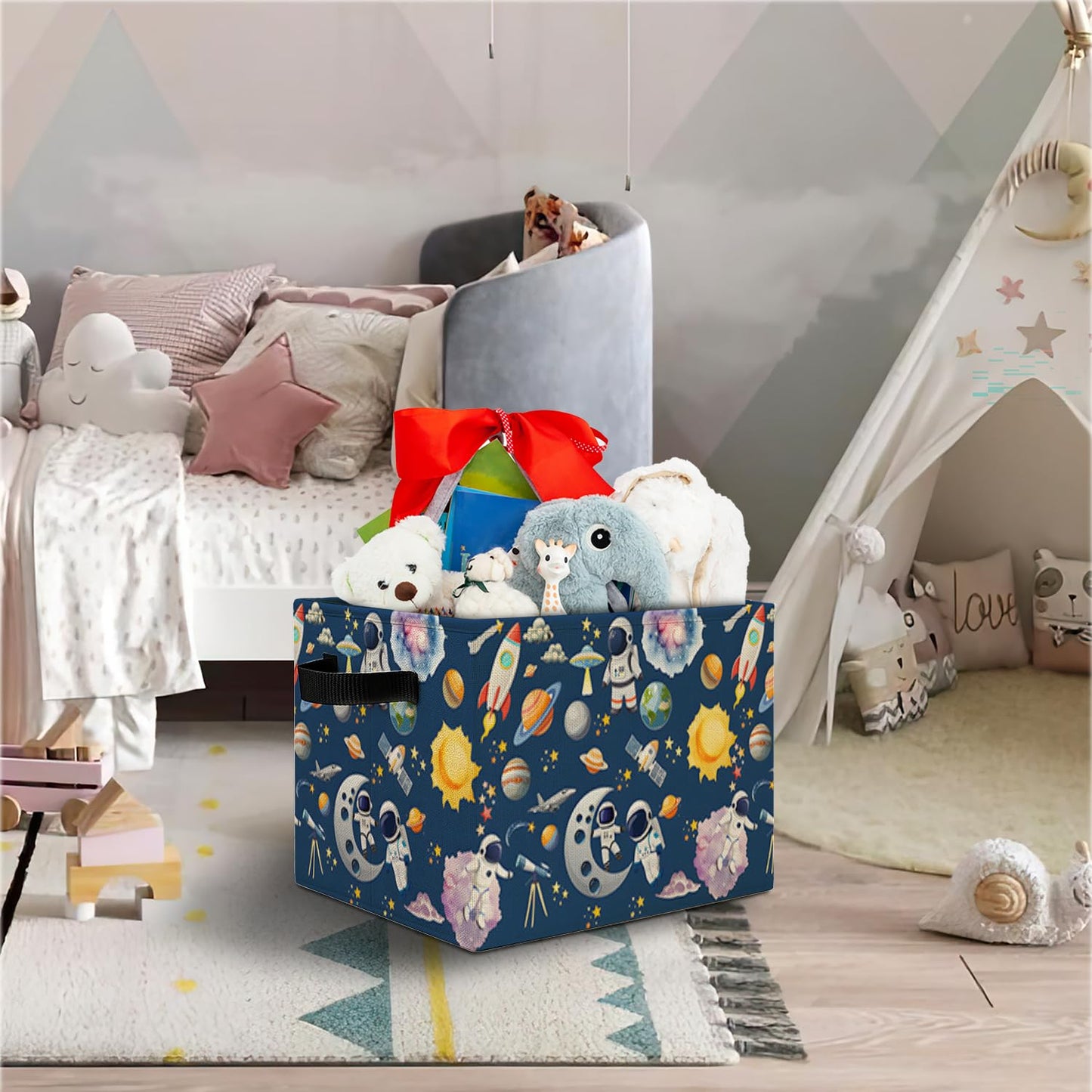 Elefeltclave Space Planet Nursery Storage Bins Rocket Astronaut Galaxy Storage Basket Organizer for Classroom Kids Room Nursery Playroom Clothes Toys Books,Toybox for Girls，Space Themed Bedroom Decor