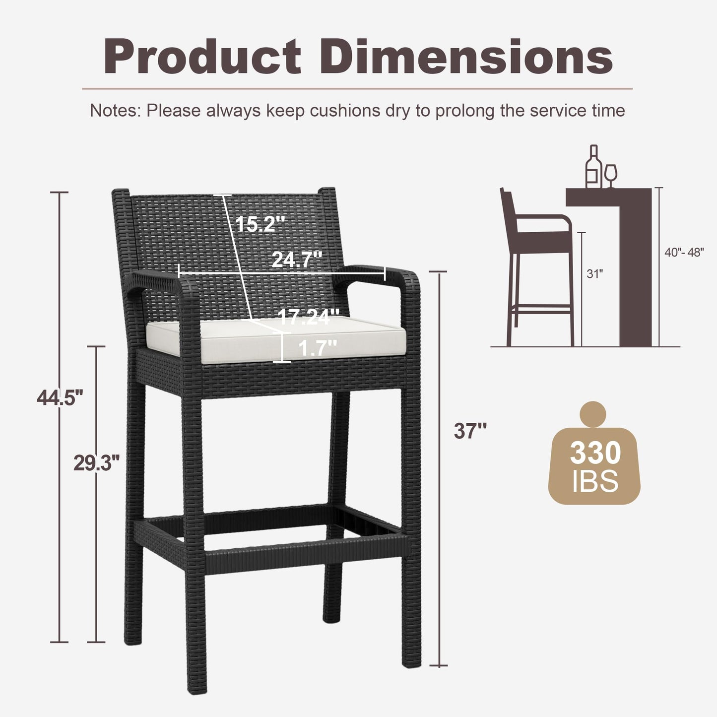 Patio Wicker Bar Stools Set of 4, 30'' Outdoor Counter Height Barstools with Thickened Cushions, All-Weather Wicker Rattan Bar Chairs with Backrest & Footrest for Backyard, Pool, Balcony, Beige