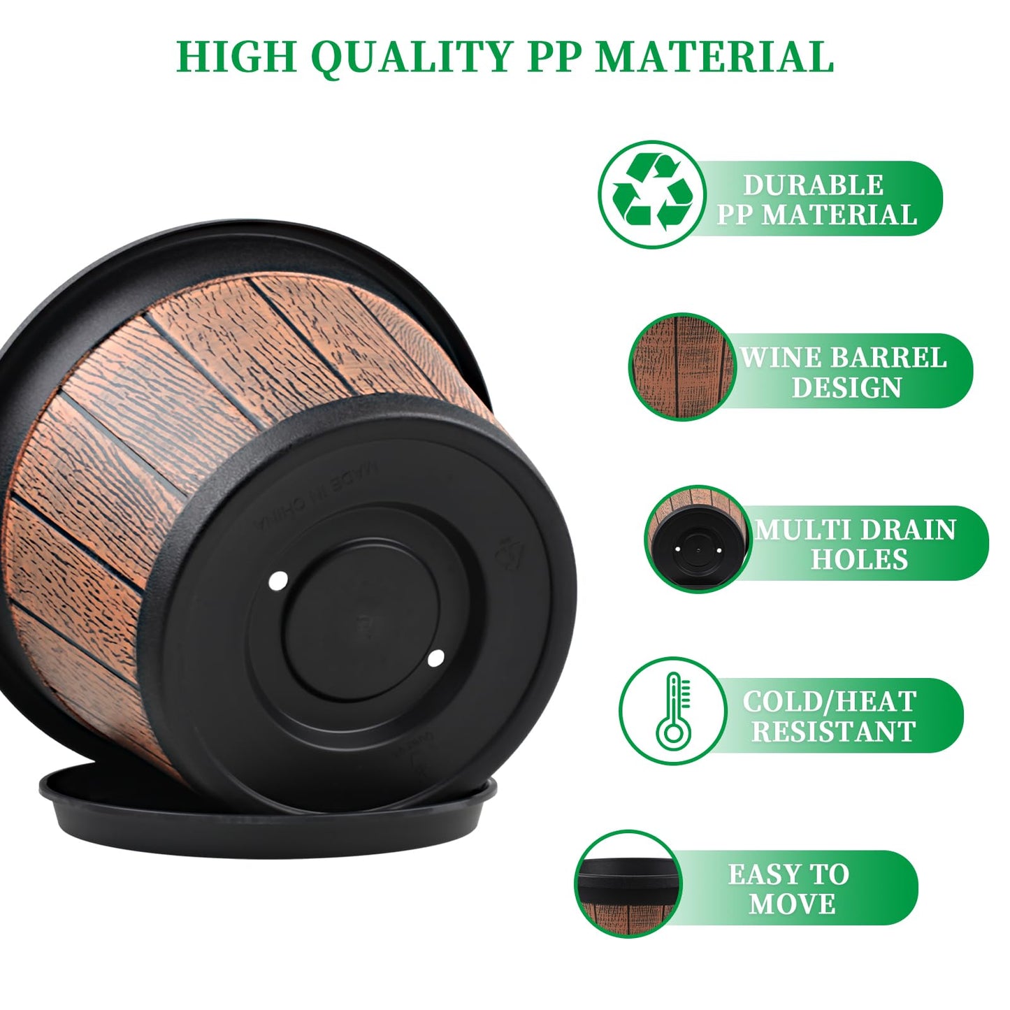 Quarut 4 Pack 12 inch Plant Pots,Whiskey Barrel Planters with Drainage Holes & Saucer,Plastic Decoration Flower Pots Retro Design,Planters for Outdoor Indoor Garden Home Plants (Brown)