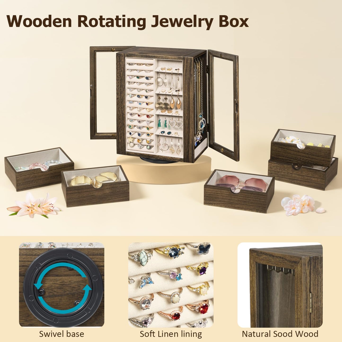 Emfogo 360° Rotating Jewelry Box for Women, Rustic Wooden Jewelry Organizer Box with 5 Drawers, Glass Doors, Vertical Open Design Jewelry Storage Case Display for Earrings Rings Necklaces Bracelets