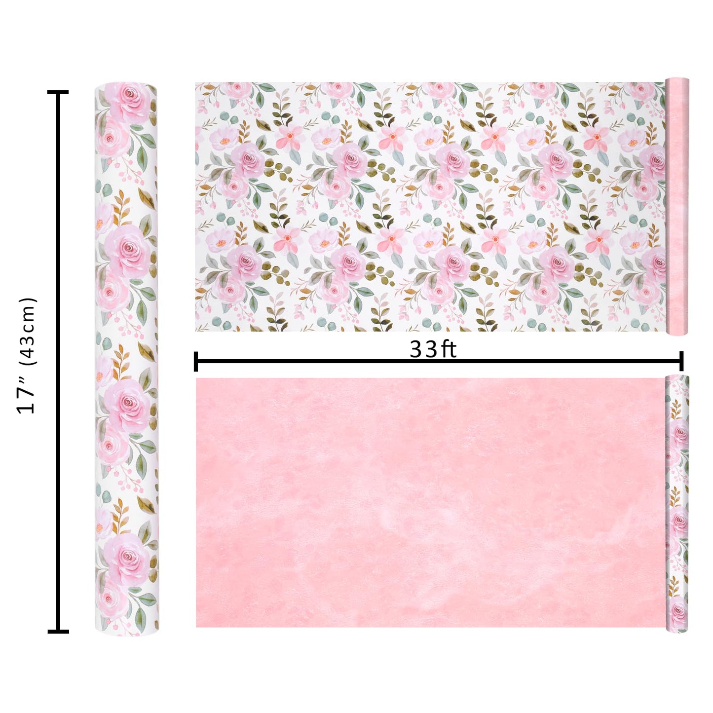BIOBROWN Reversible Floral Wrapping Paper Roll - 17 Inches X 33 Feet (47 sq. ft. ttl.) Pink Watercolor Roses Design Flower Gift Wrap for Mother's Day, Wedding, Bridal Shower, Valentine's Day